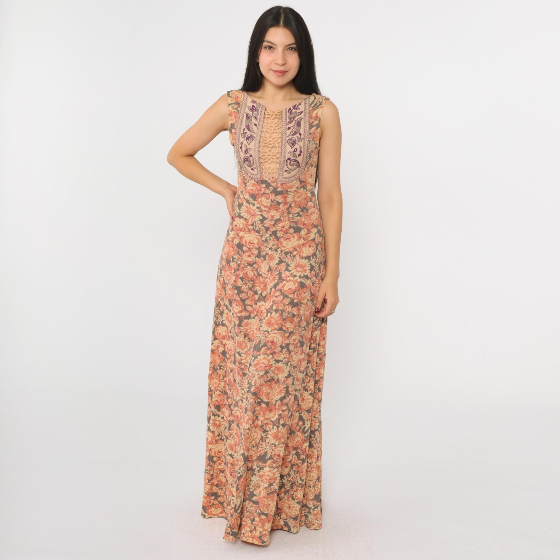 70s Floral Maxi Dress Embroidered Birds Keyhole Lace Sleeveless Grey Orange Extra Small