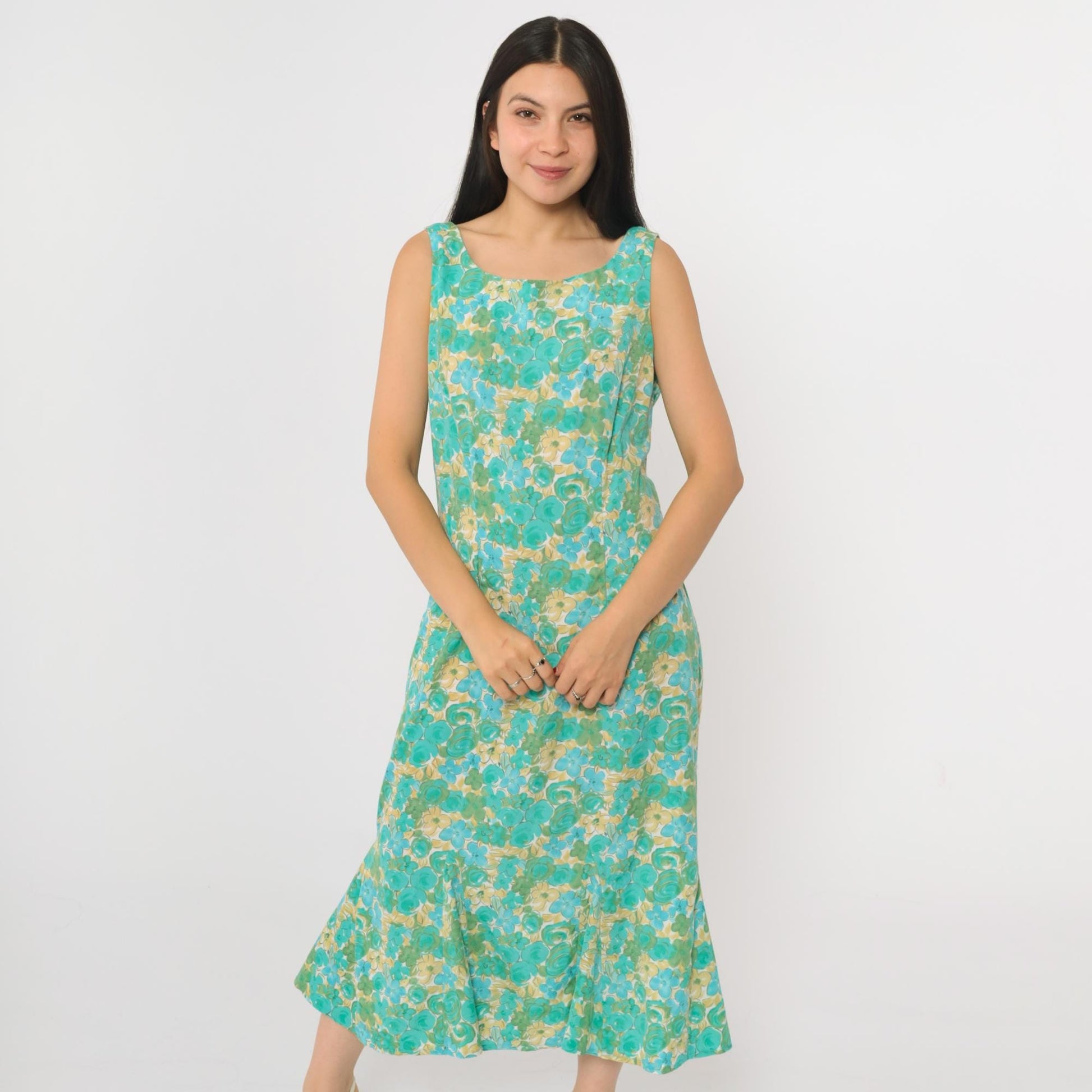 90s R & K Originals Floral Midi Dress Turquoise Blue Sleeveless Mermaid Hem Medium