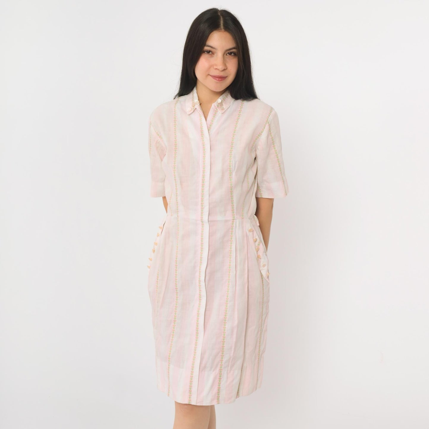60s Pink White Striped Cotton Dress High Waist Zip Front Pockets Small