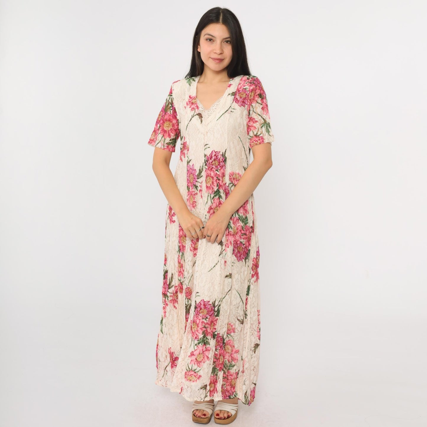 90s Nostalgia Ivory Lace Maxi Dress Pink Floral V-Neck Short Sleeve Small S