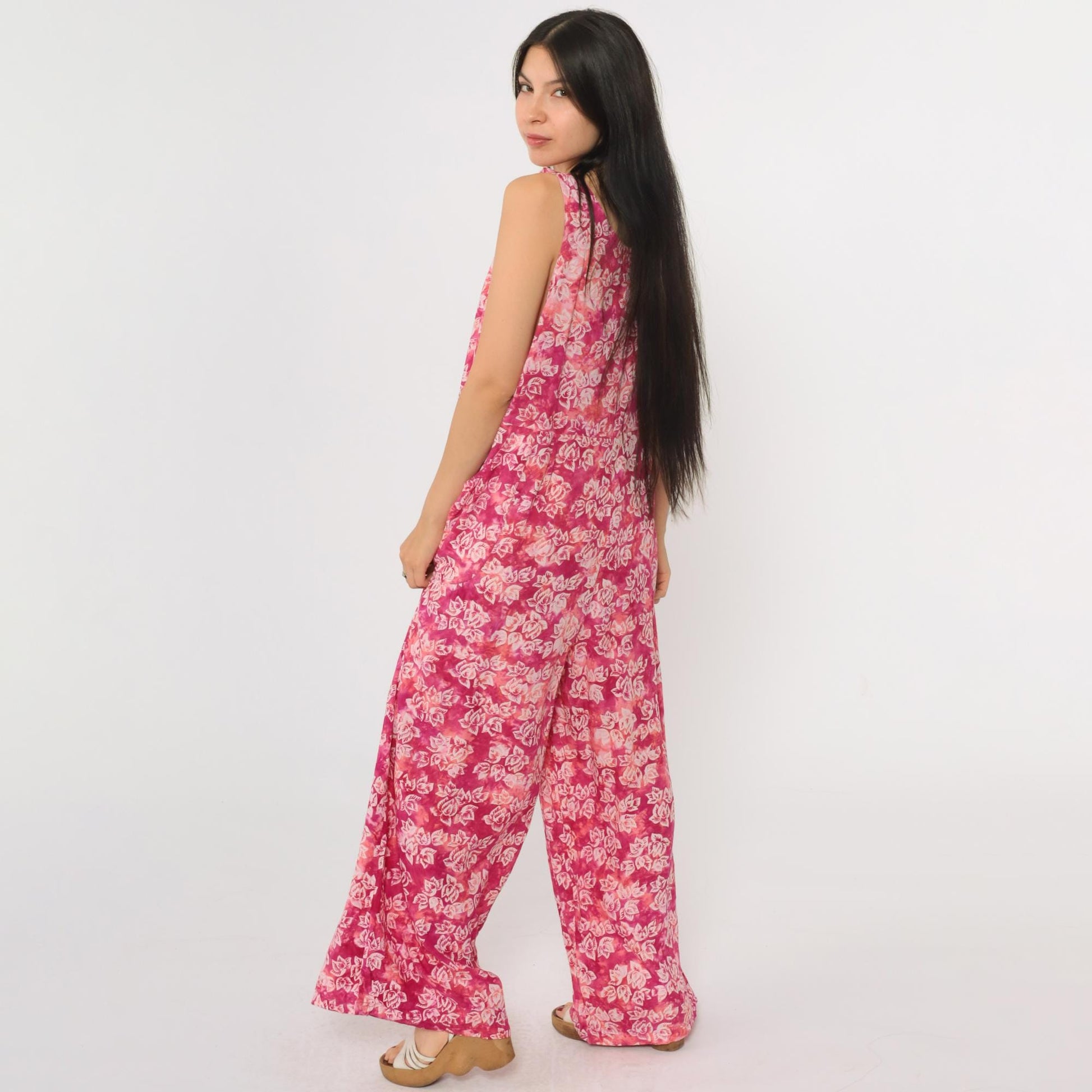 90s April Cornell Pink Tie Dye Floral Wide Leg Jumpsuit Scoop Neck Medium M
