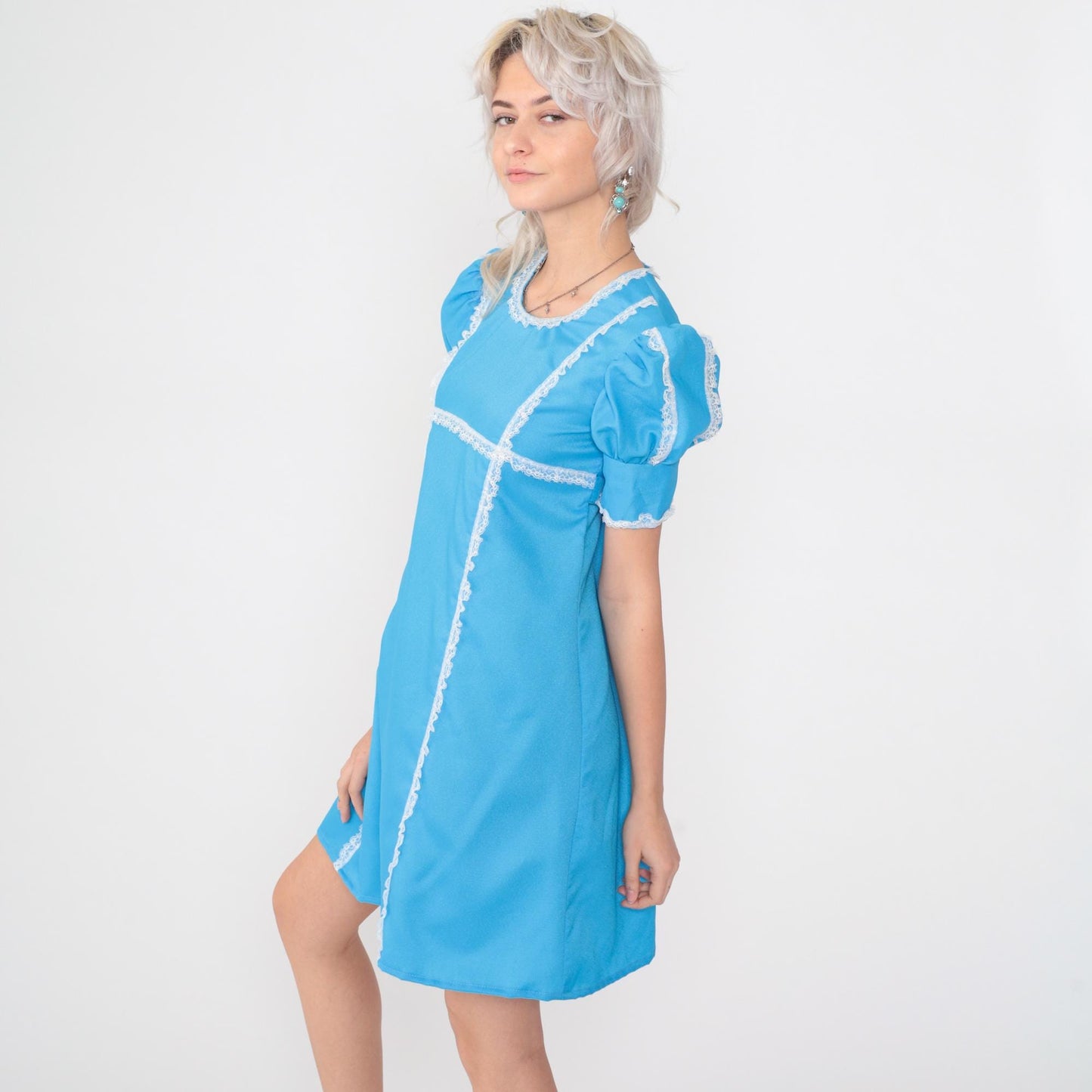 60s Babydoll Mini Dress Puff Sleeve Blue Lace Trim Empire Waist Small