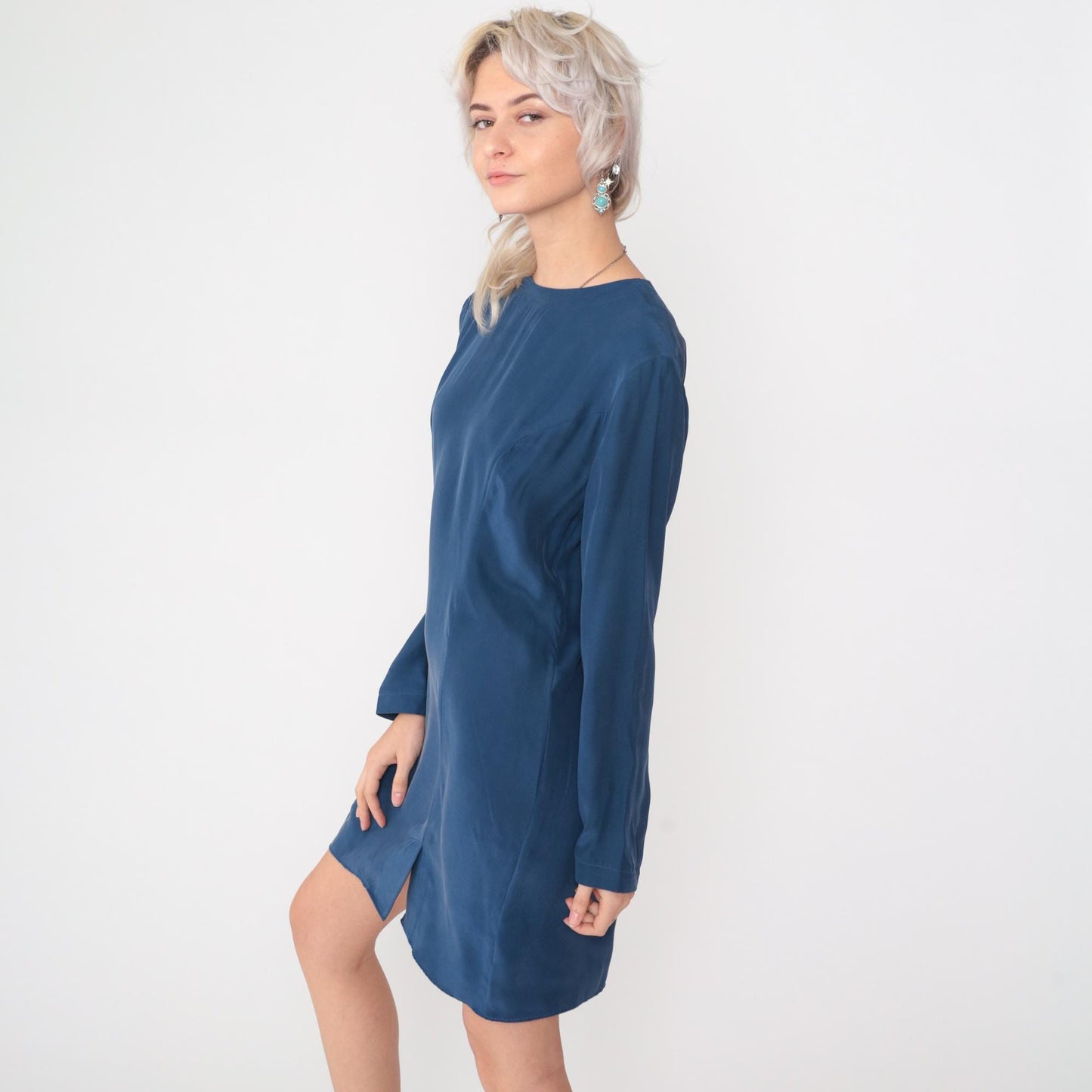 90s Maggy London Dark Blue Silk Mini Dress Long Sleeve Sheath Medium 8