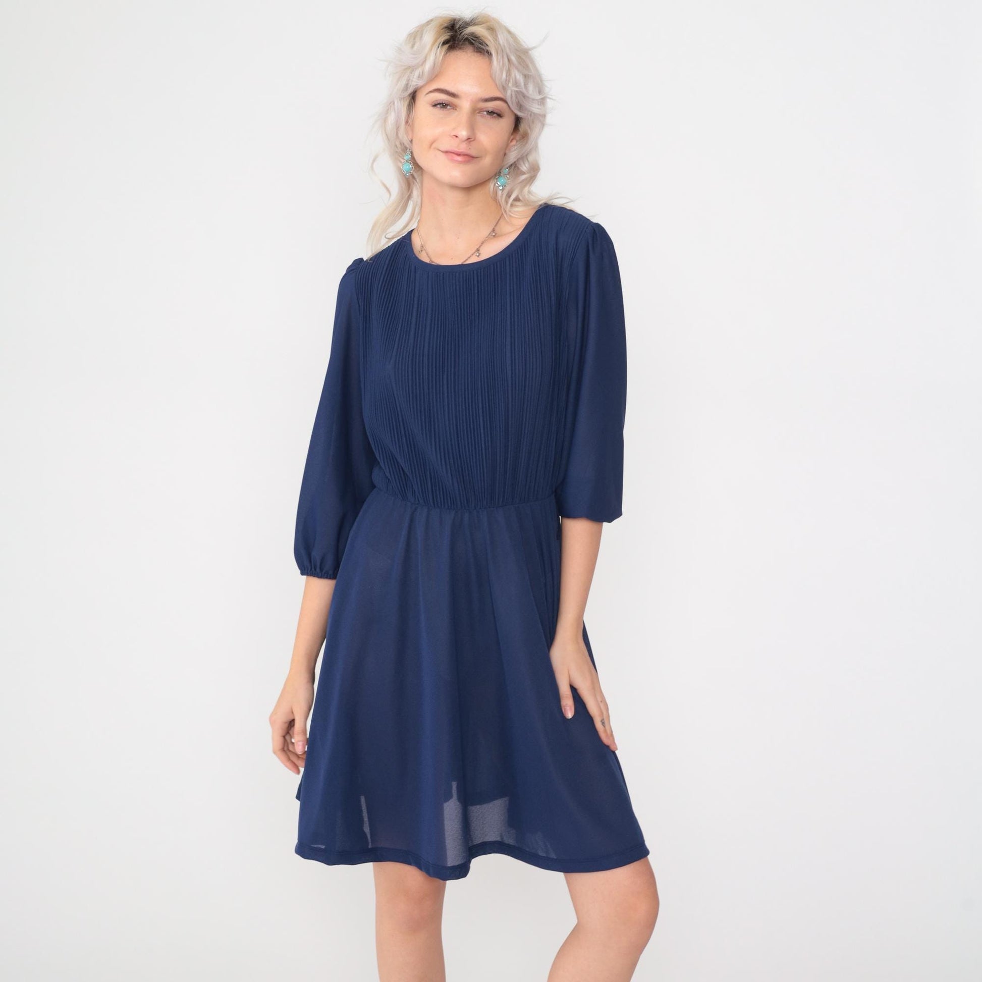 80s Navy Puff Sleeve Mini Dress Knife Pleated High Waist Medium Large