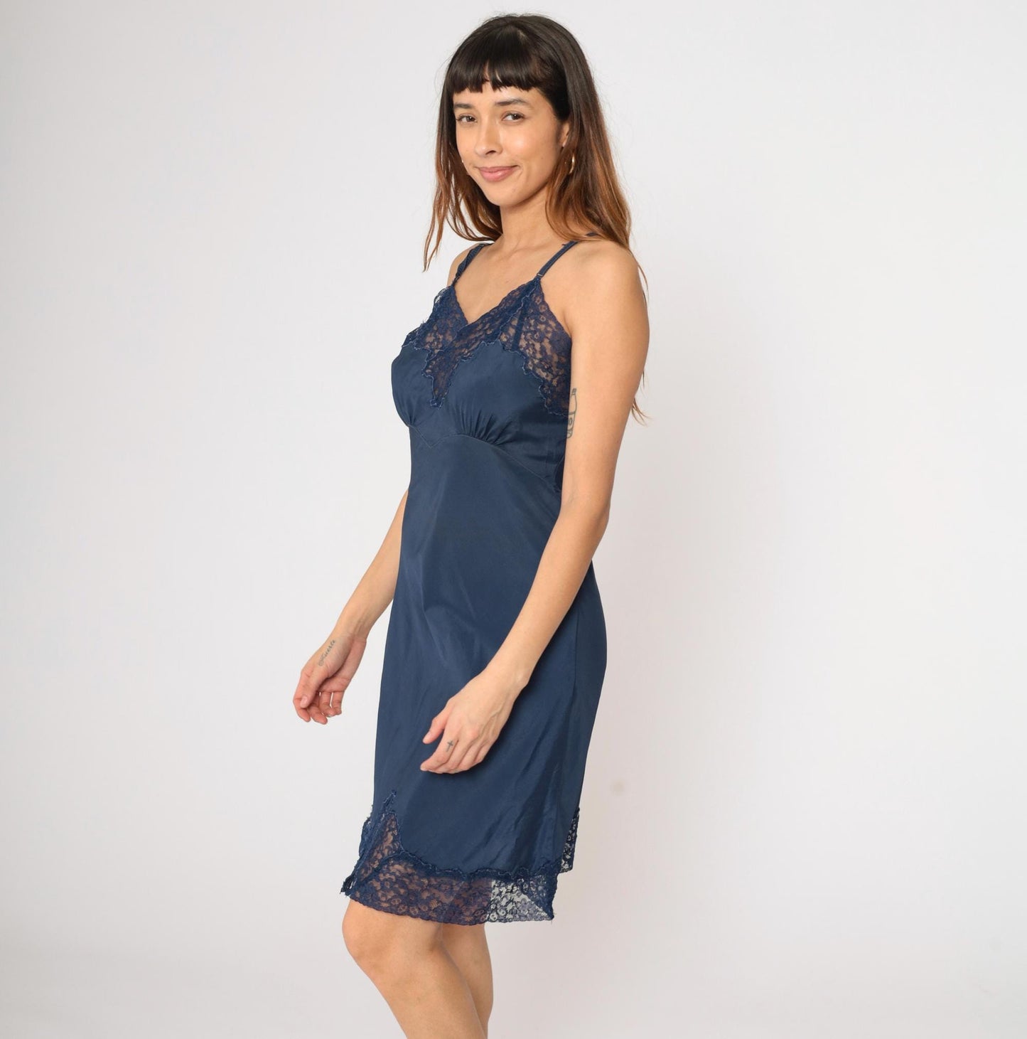 60s Navy Slip Dress Lace Trim Empire Waist Spaghetti Strap Medium