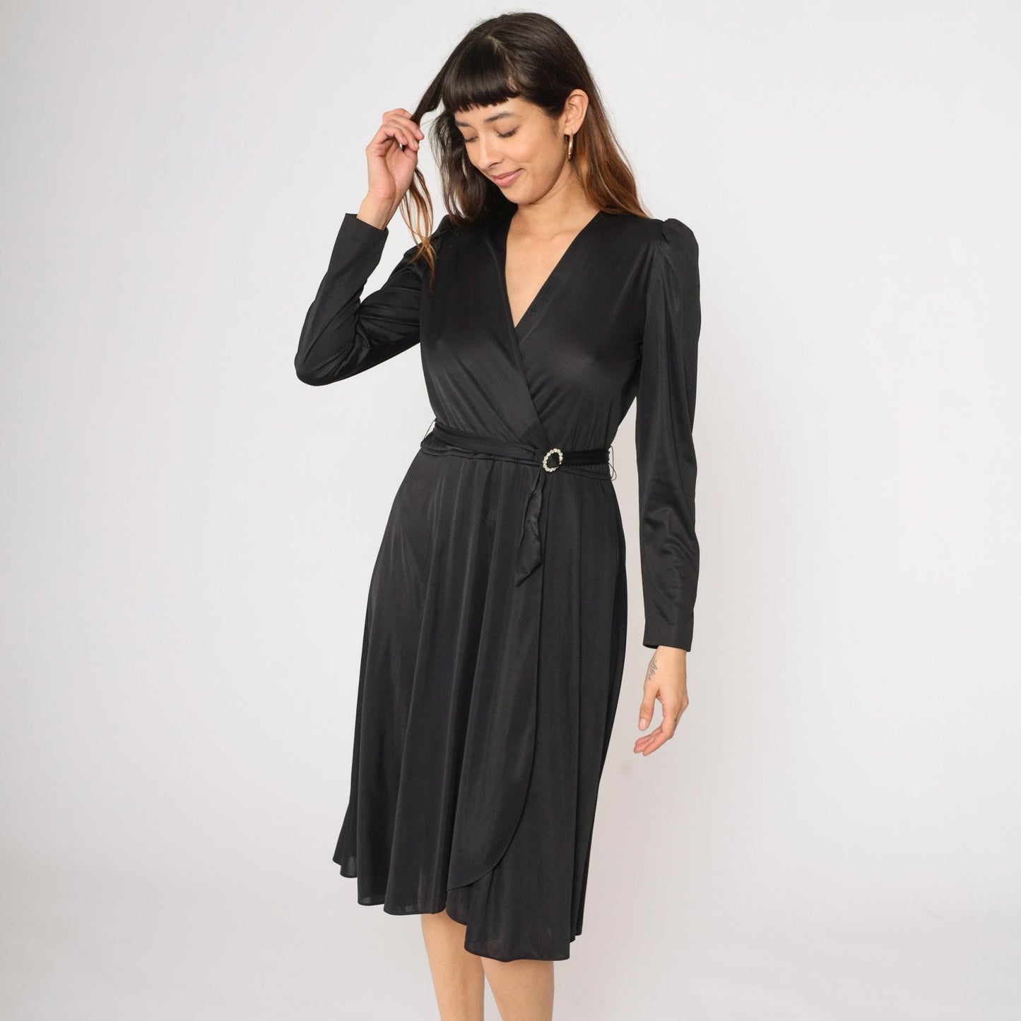 70s Black Wrap Dress Puff Sleeve Deep V Midi High Waist Rhinestone Belt Small