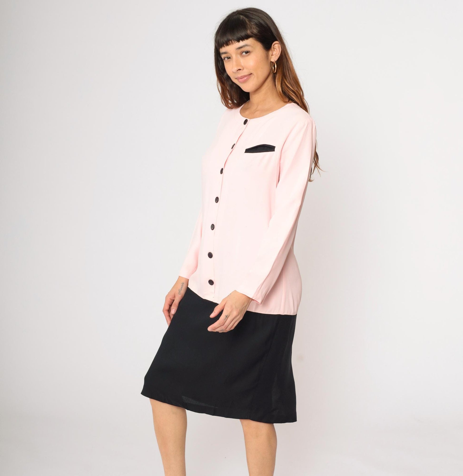 80s Pink Black Colorblock Dress Button Up Knee Length Medium