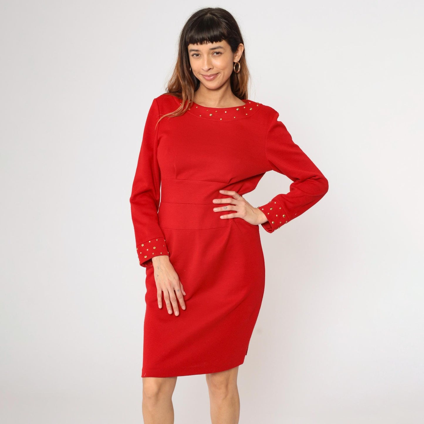 80s Nicole Studio Red Studded Knit Dress Gold Trim Pencil High Waist Medium