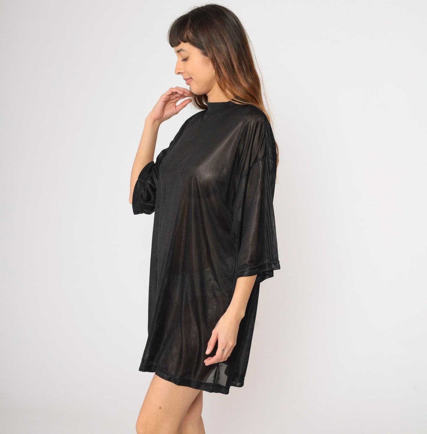 90s Sheer Black Striped Polyester T-Shirt XXL