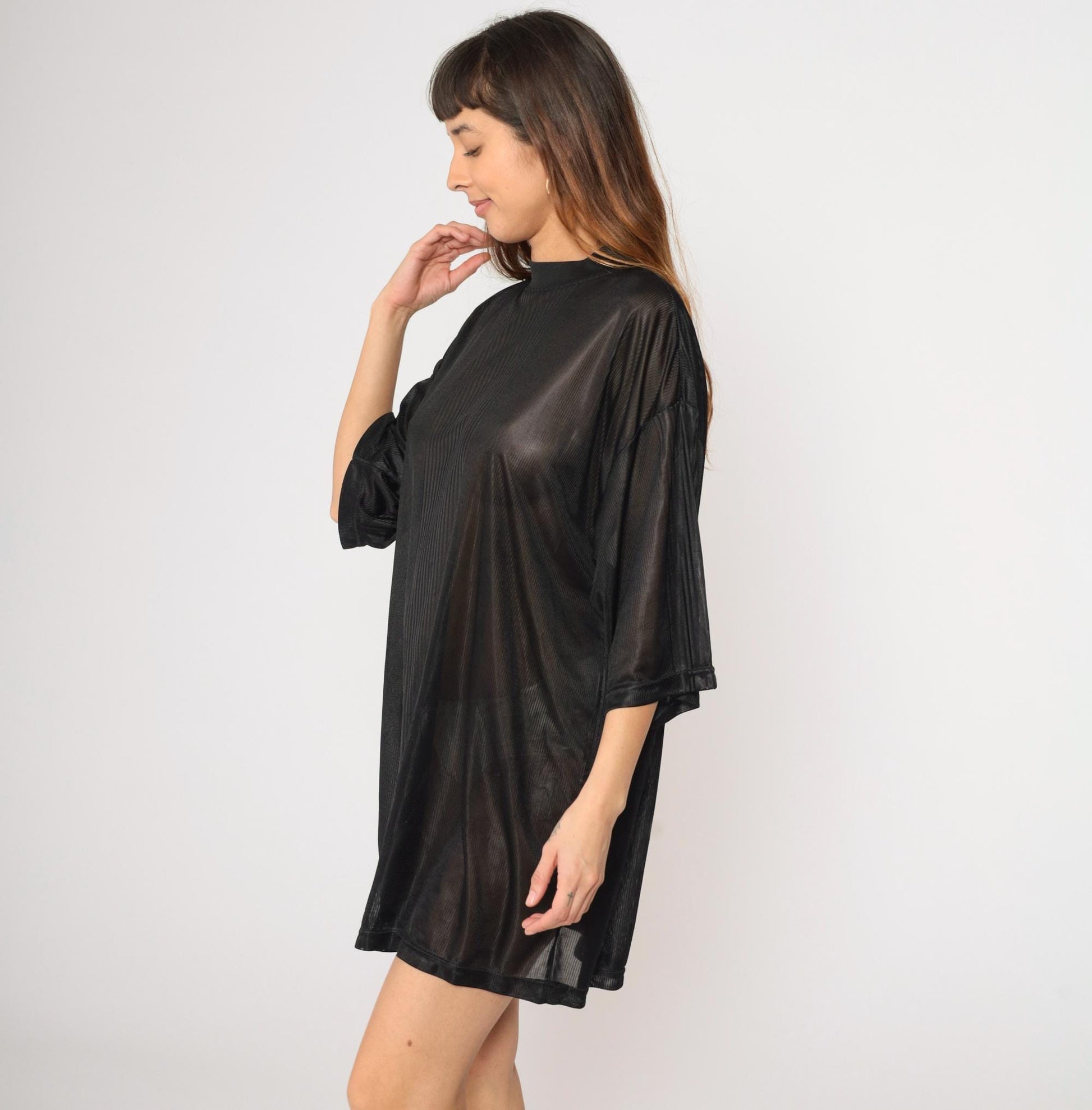 90s Sheer Black Striped Polyester T-Shirt XXL