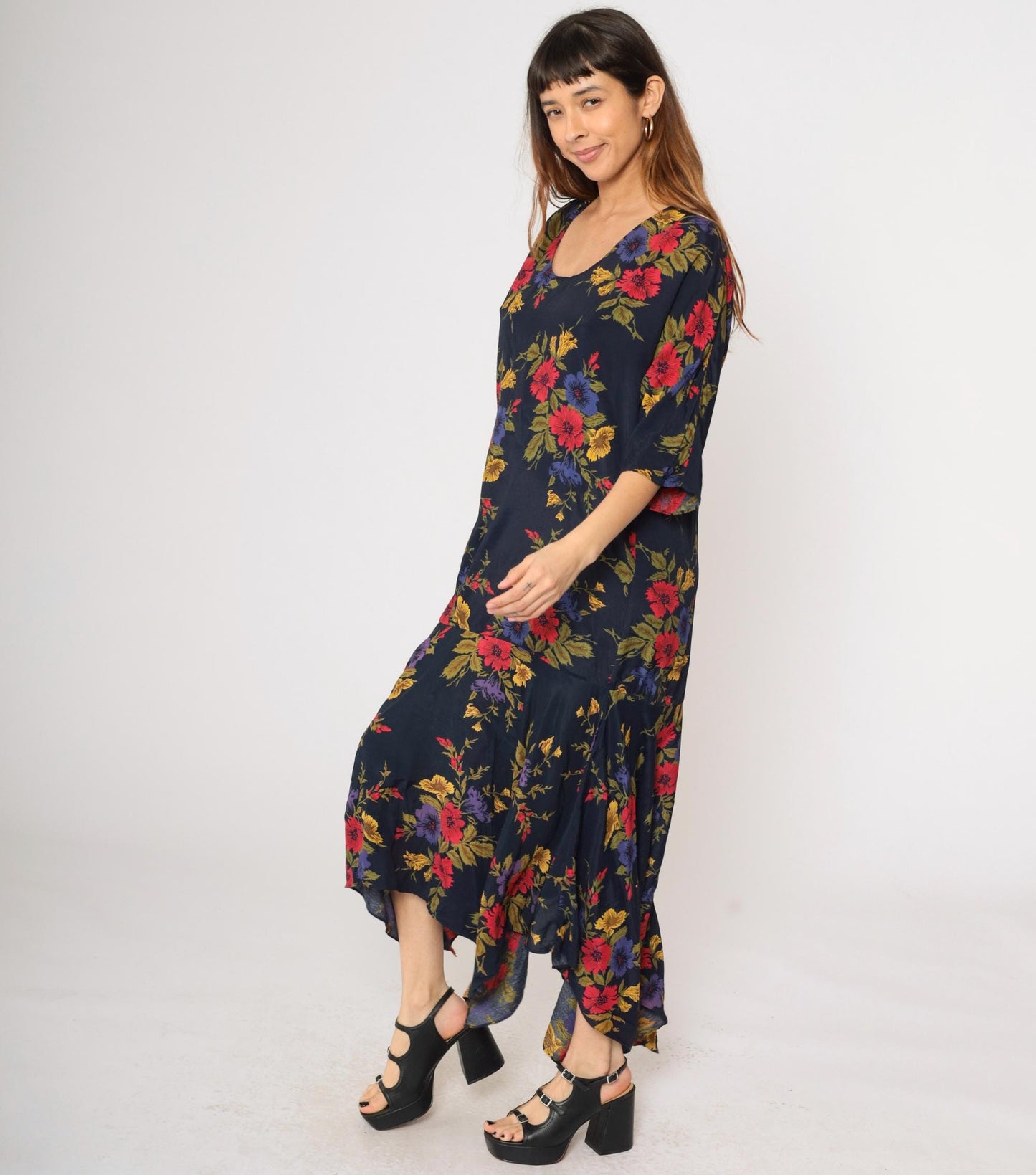 90s Navy Floral Maxi Dress Asymmetrical Hanky Hem Drop Waist Medium