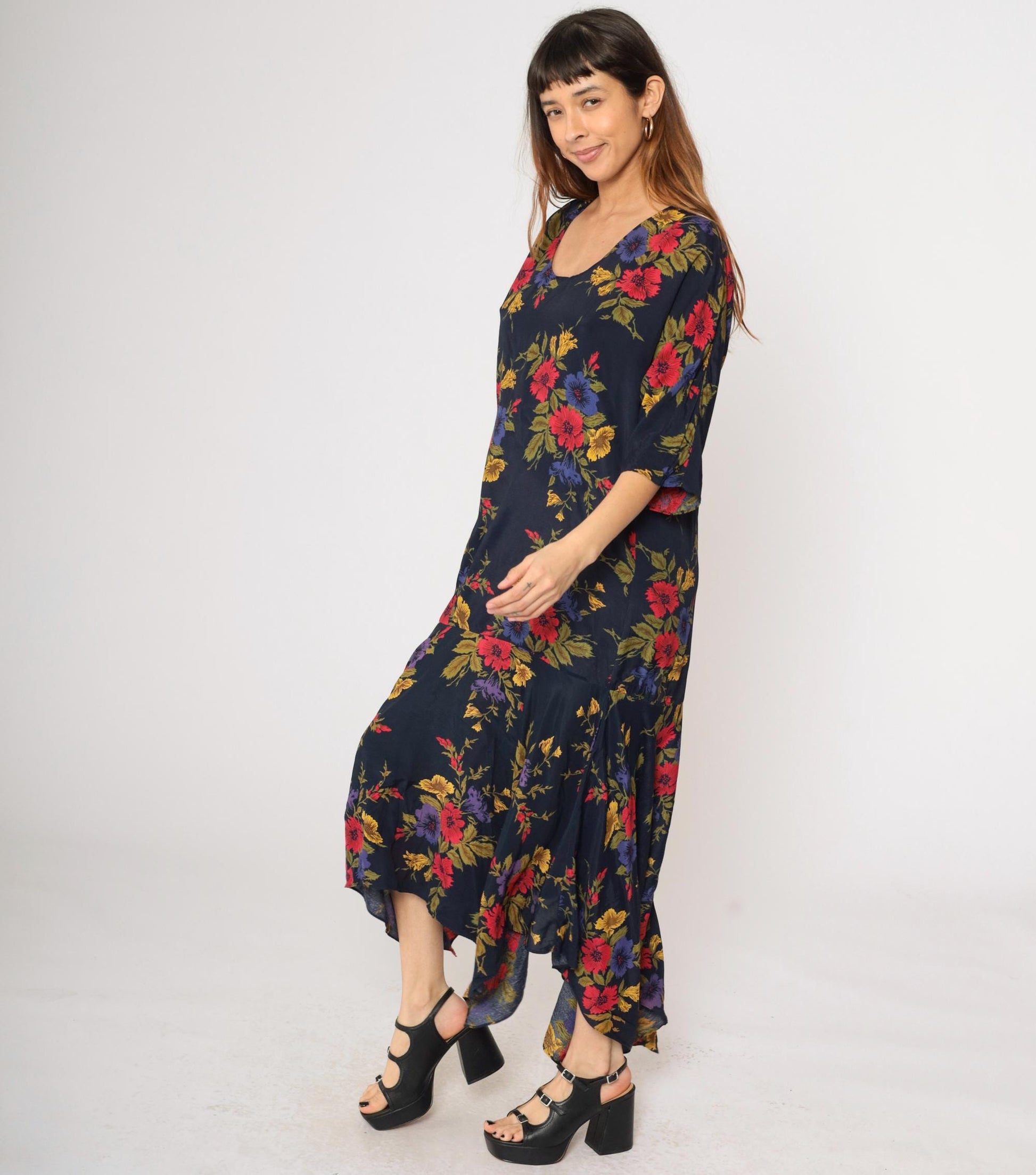 90s Navy Floral Maxi Dress Asymmetrical Hanky Hem Drop Waist Medium