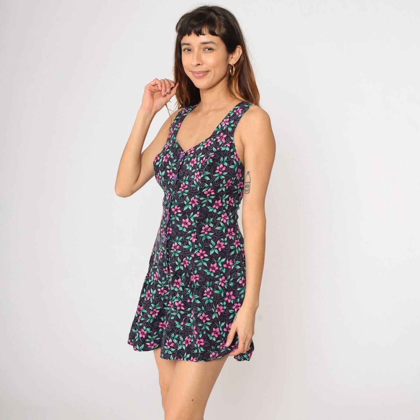 90s Joni Blair Black Floral Romper Sweetheart Neckline Wide Leg Medium