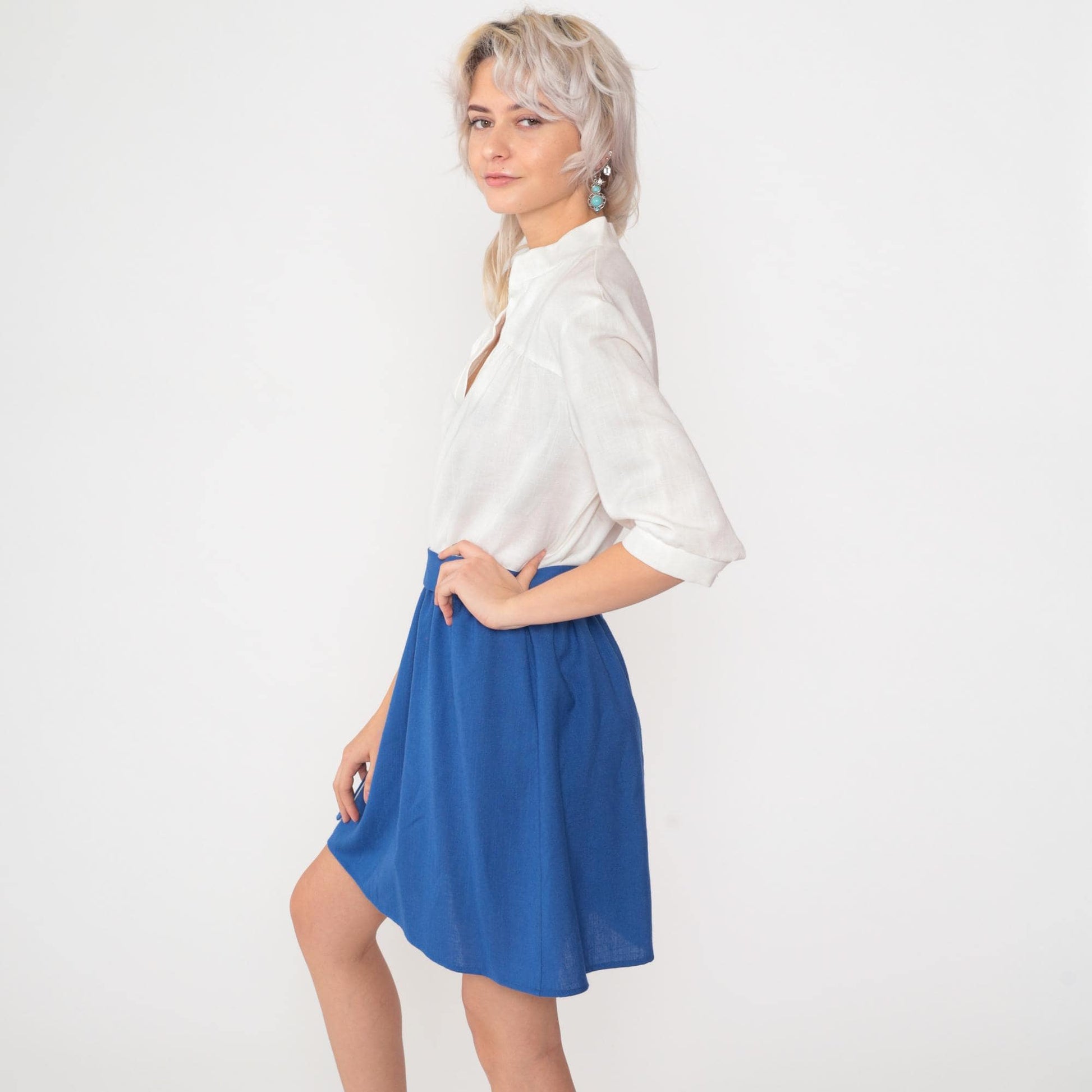 80s Two-Tone Mini Dress Royal Blue White Color Block High Waist Medium M