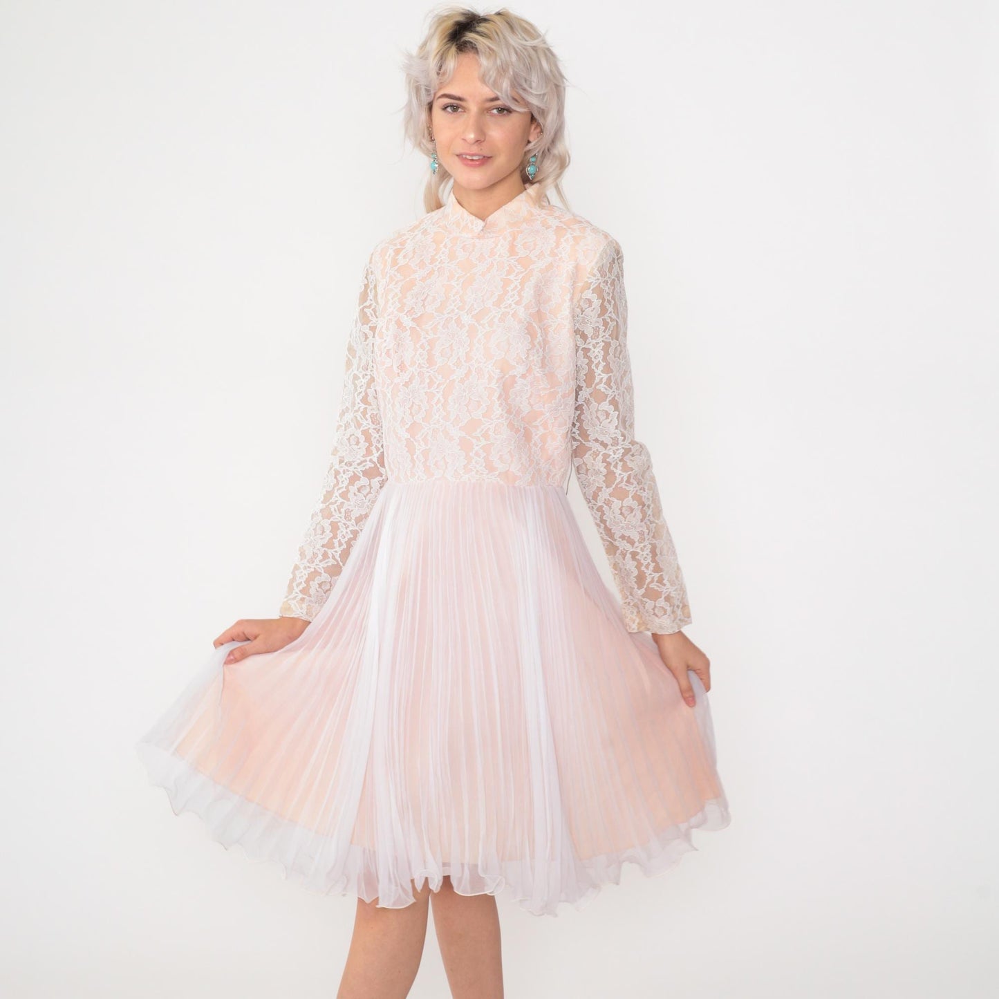 60s White Lace Chiffon Midi Dress Long Sleeve High Waist Mock Neck Medium M