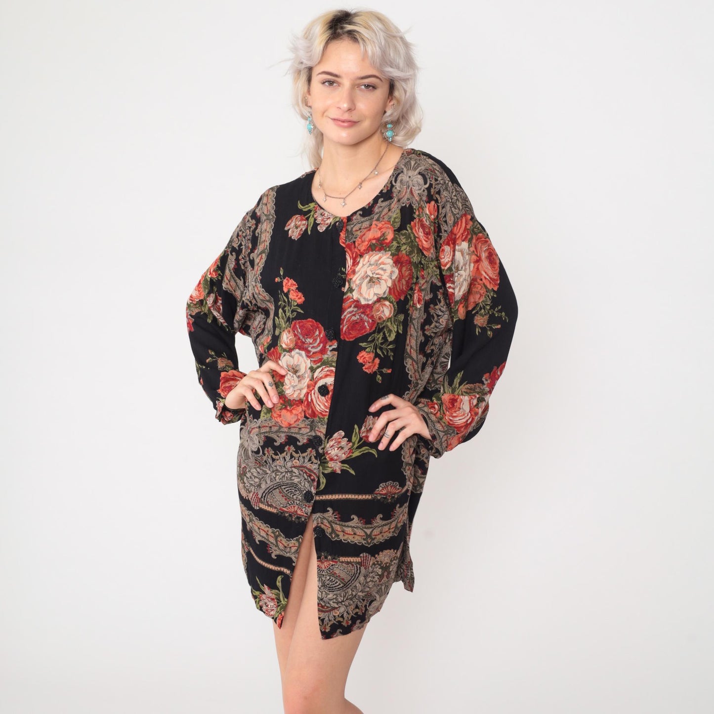 90s Frankly Feminine Floral Mini Dress Black Button-Up Shirtdress Medium