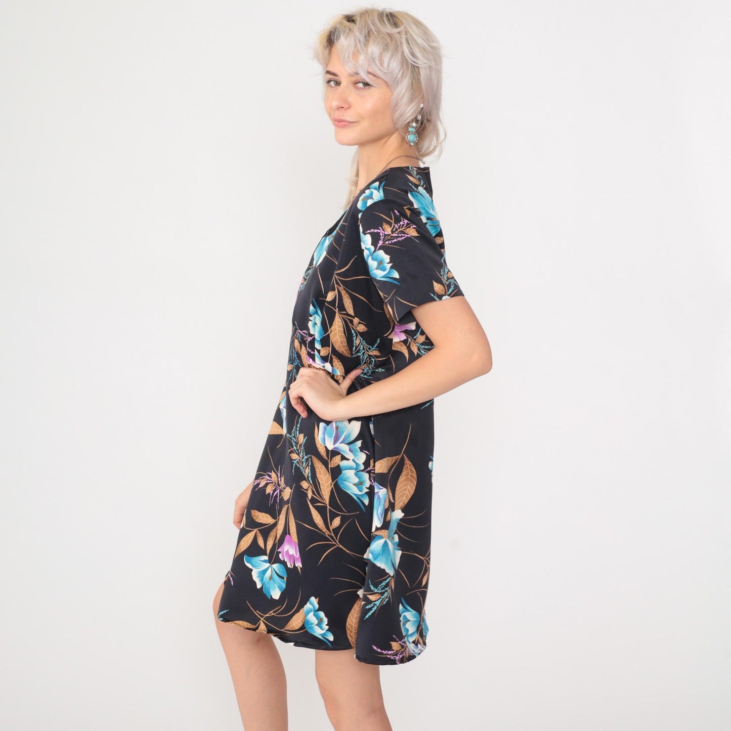 70s Tropical Floral Babydoll Dress Black Empire Waist Mini Scoop Neck Large