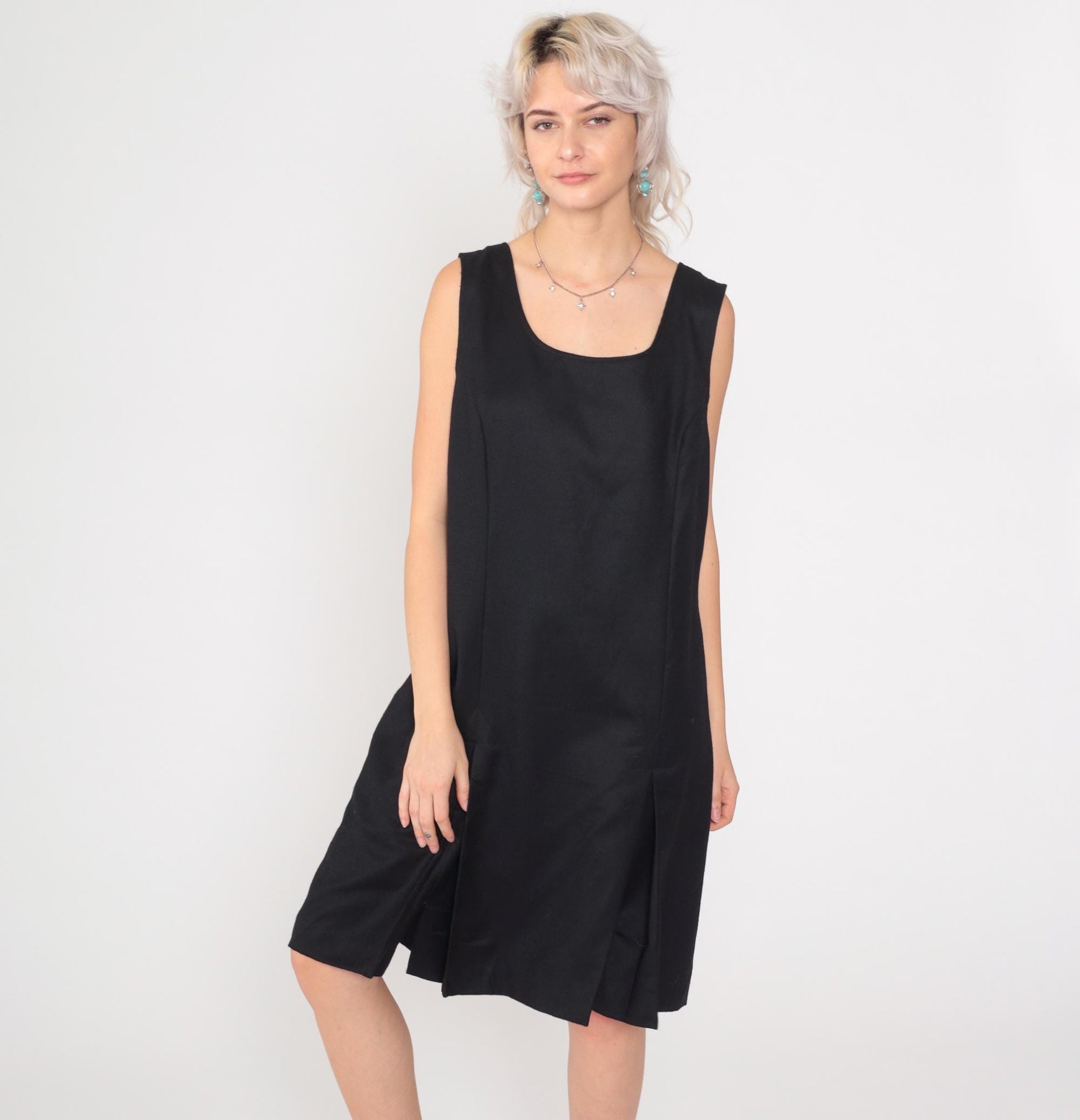 90s Rafaella Black Wool Shift Dress Pleated Scoop Neck Sleeveless Mini Large