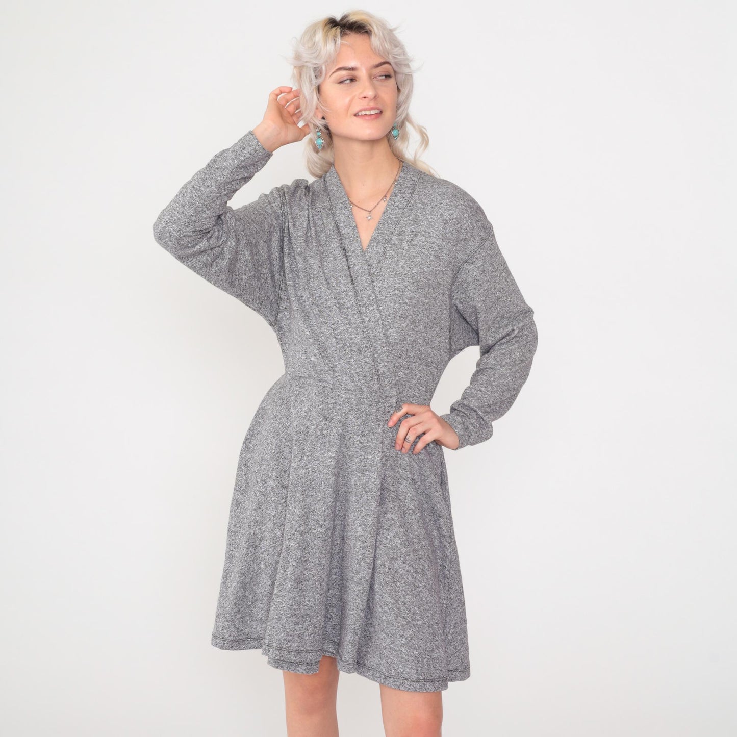 80s Grey Mini Wrap Dress V-Neck Dropped Armhole Long Sleeve Small