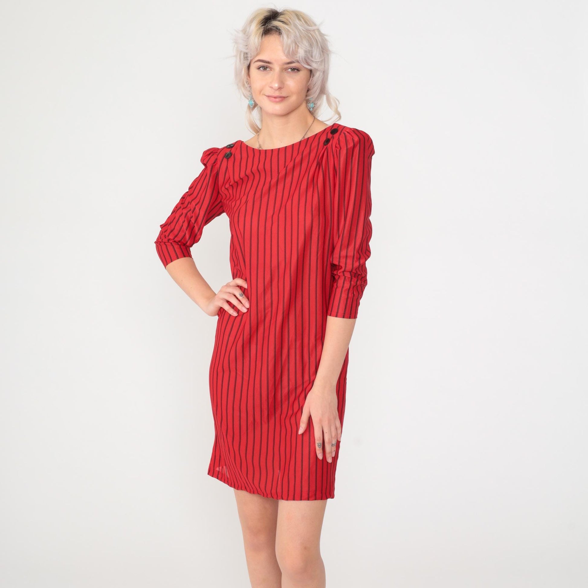 80s Red & Black Striped Mini Dress Puff Sleeve Button Back Small S