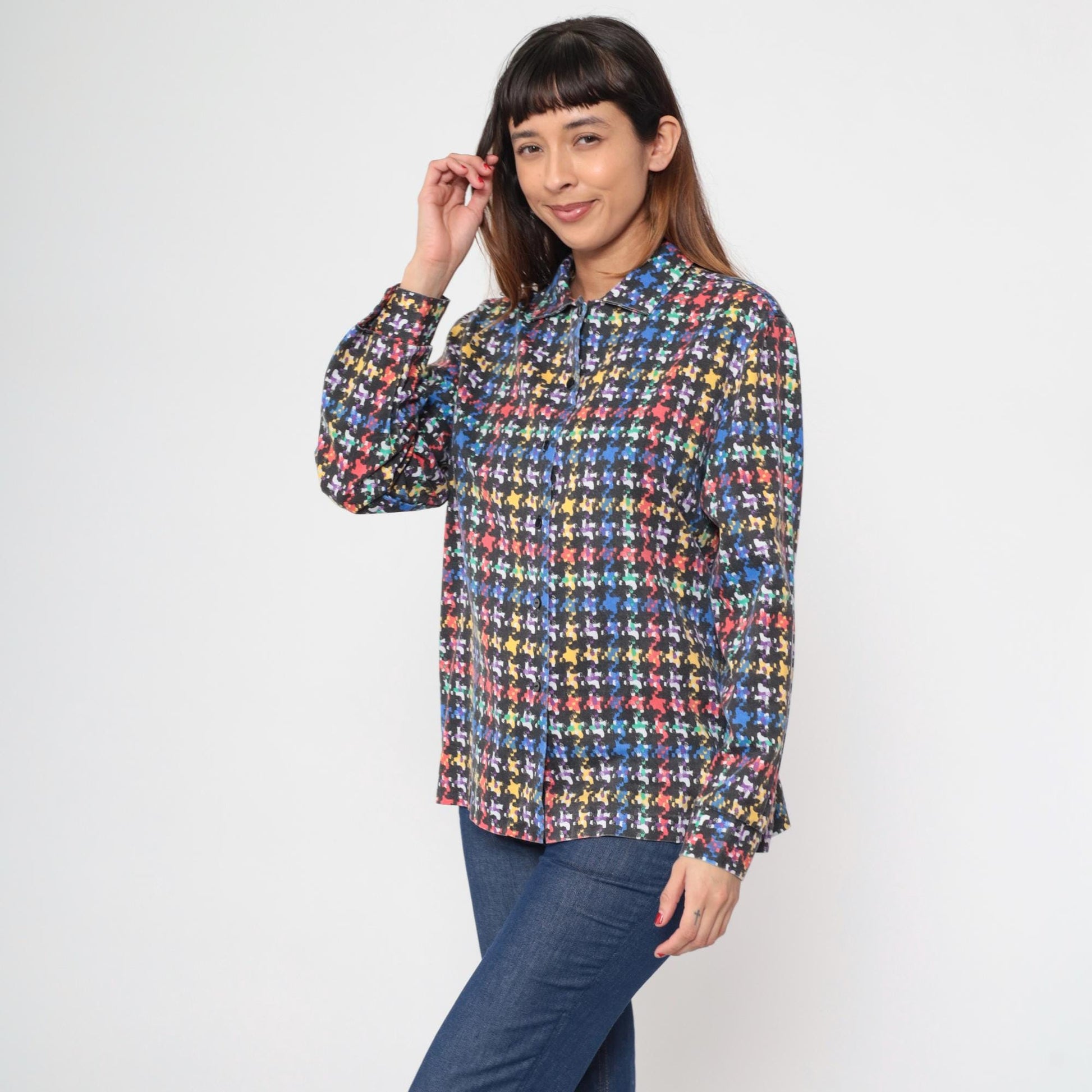 80s Rainbow Plaid Button-Up Blouse Black Checkered Long Sleeve Collared Large L