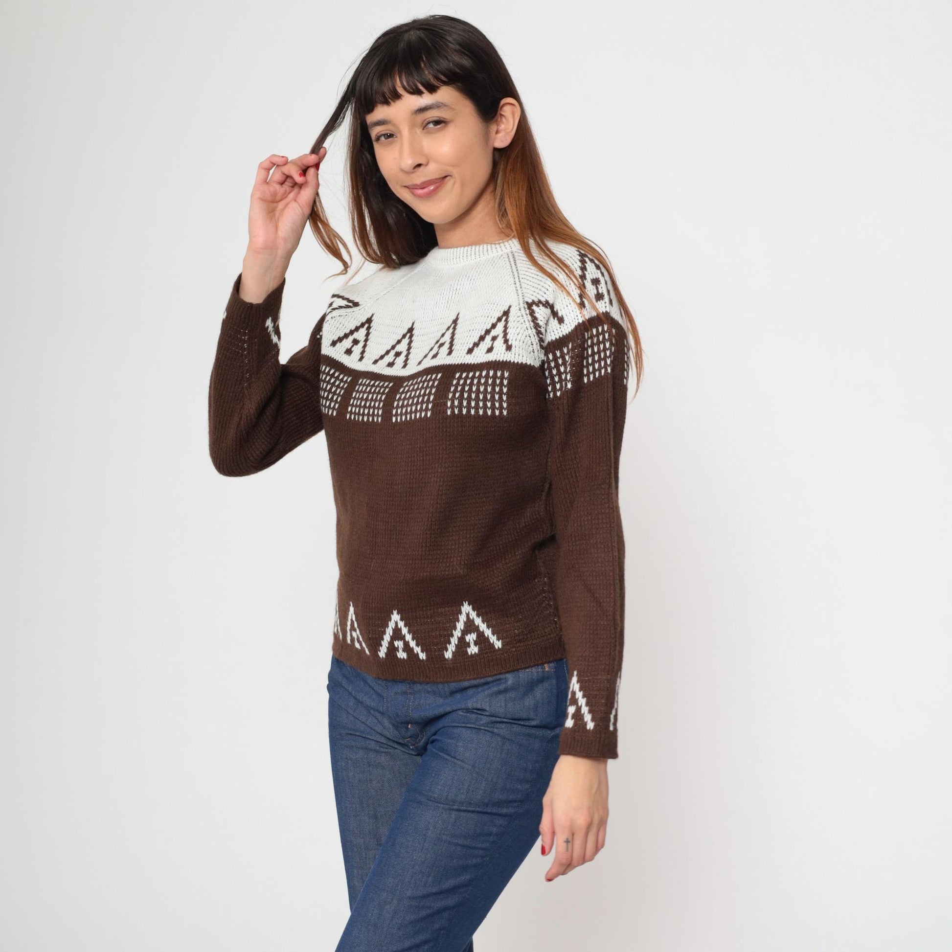 70s Carol Brent Geometric Color Block Sweater Brown White Raglan Small