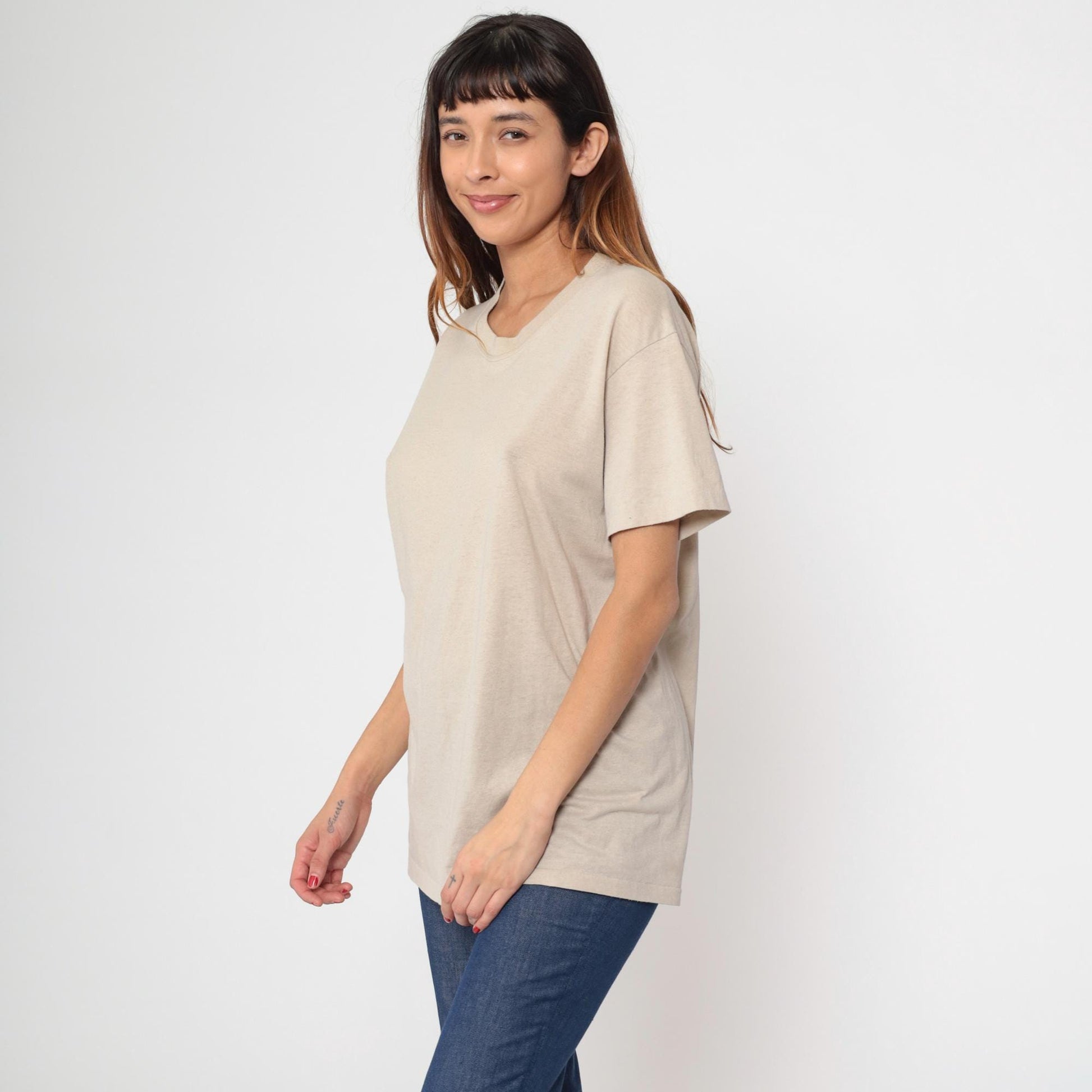 80s Plain Taupe Crewneck T-Shirt Single Stitch Duke Athletic Large L