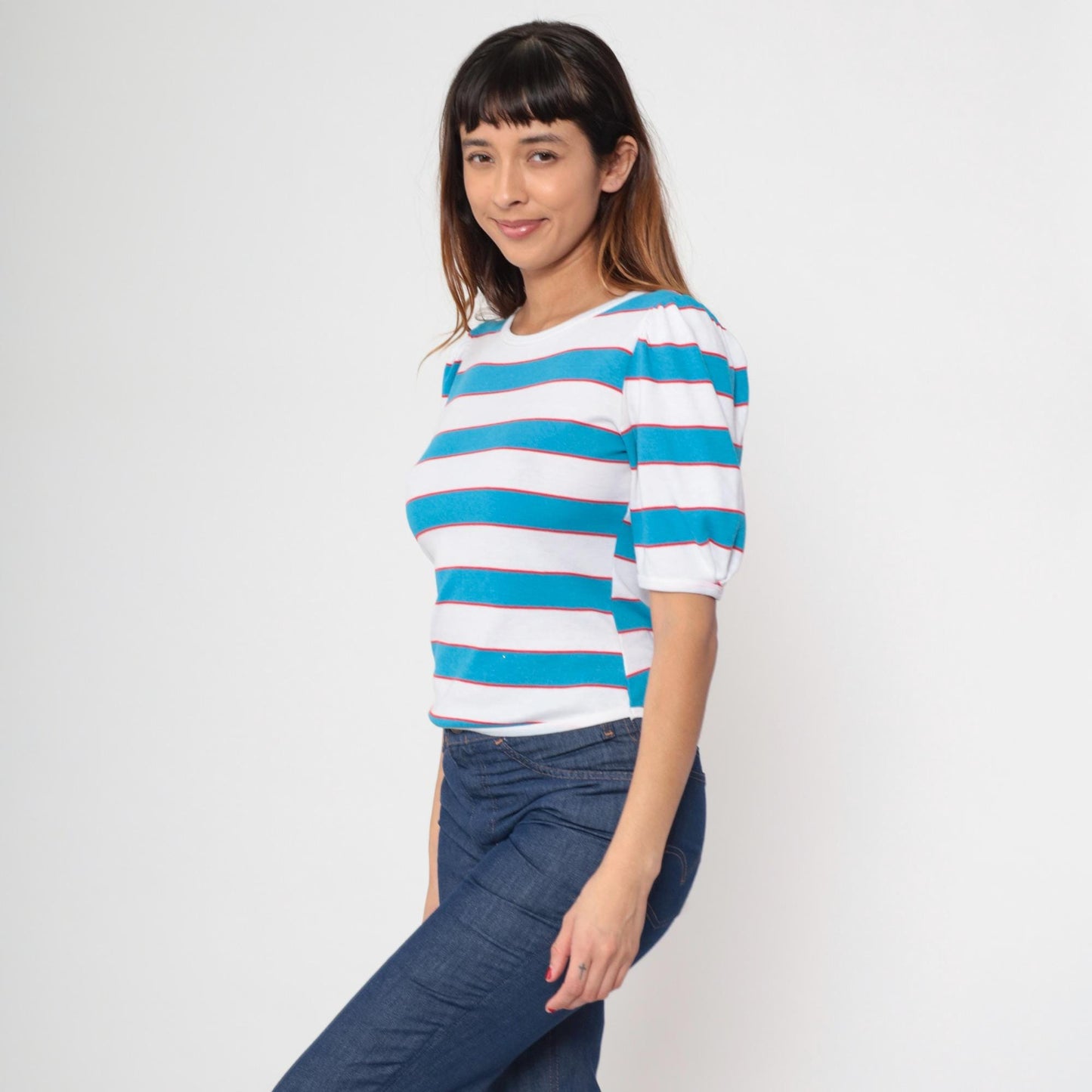 80s Fritzi Striped T-Shirt Puff Sleeve White Blue Red Small