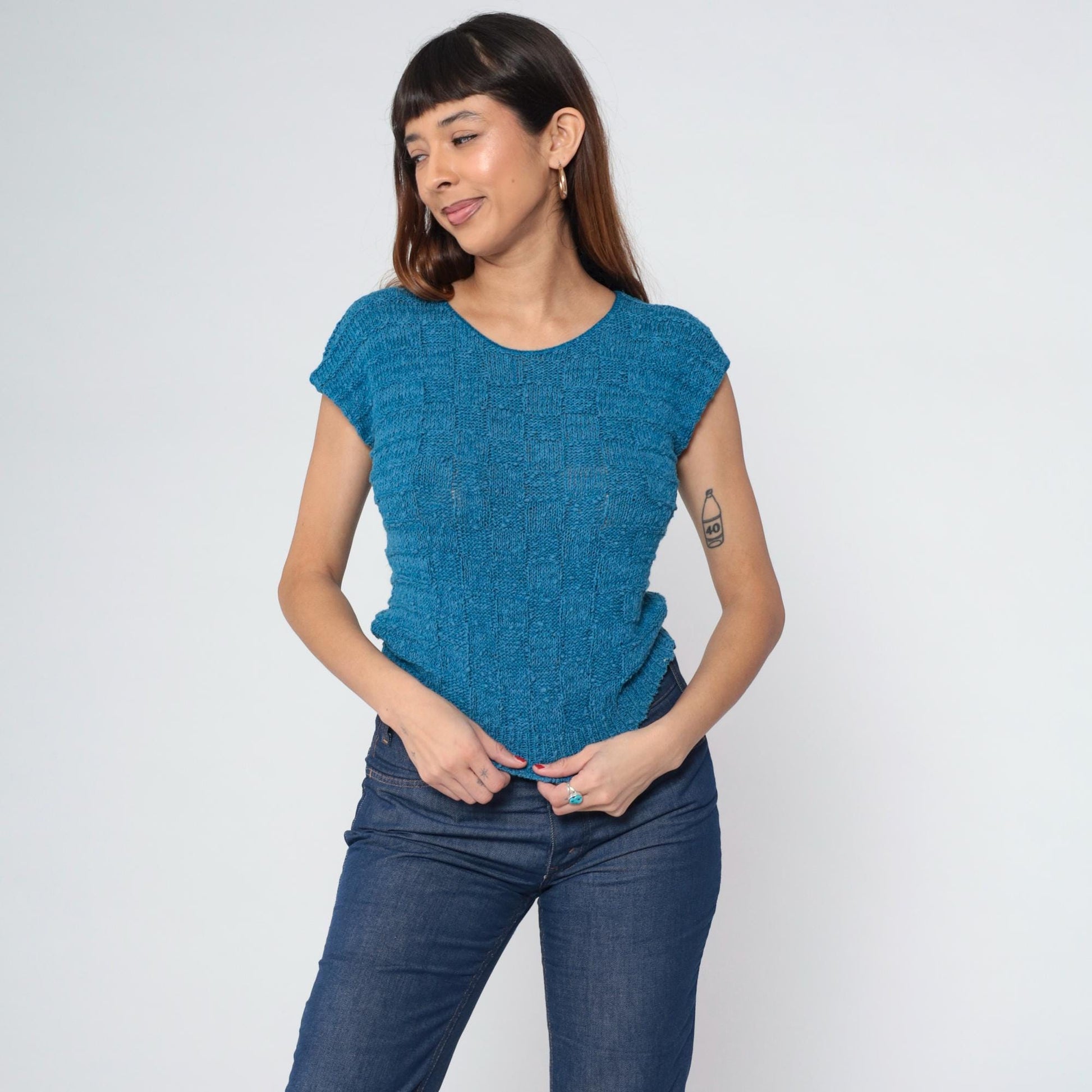 80s Blue Checkered Knit Cropped Top Cap Sleeve Small S