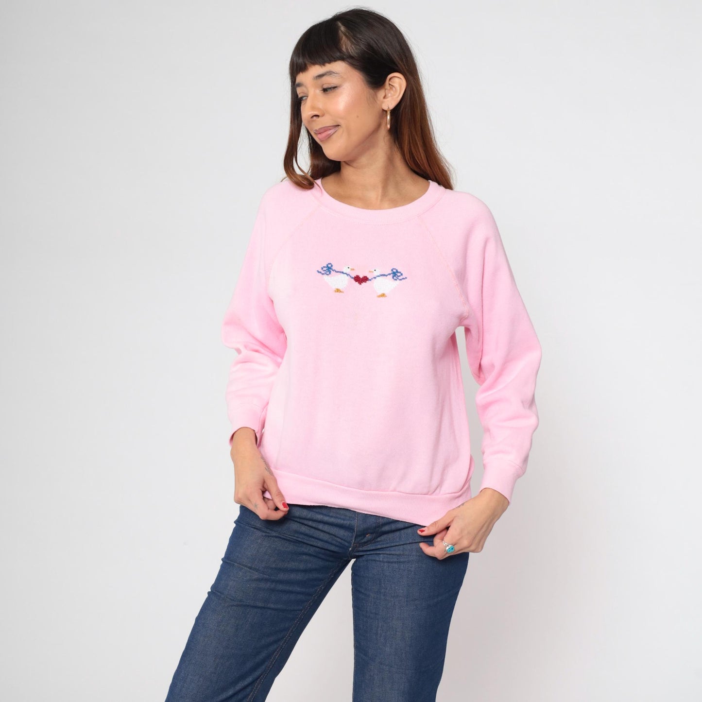 80s Pink Duck Embroidered Raglan Sweatshirt Heart Animal Crewneck Small