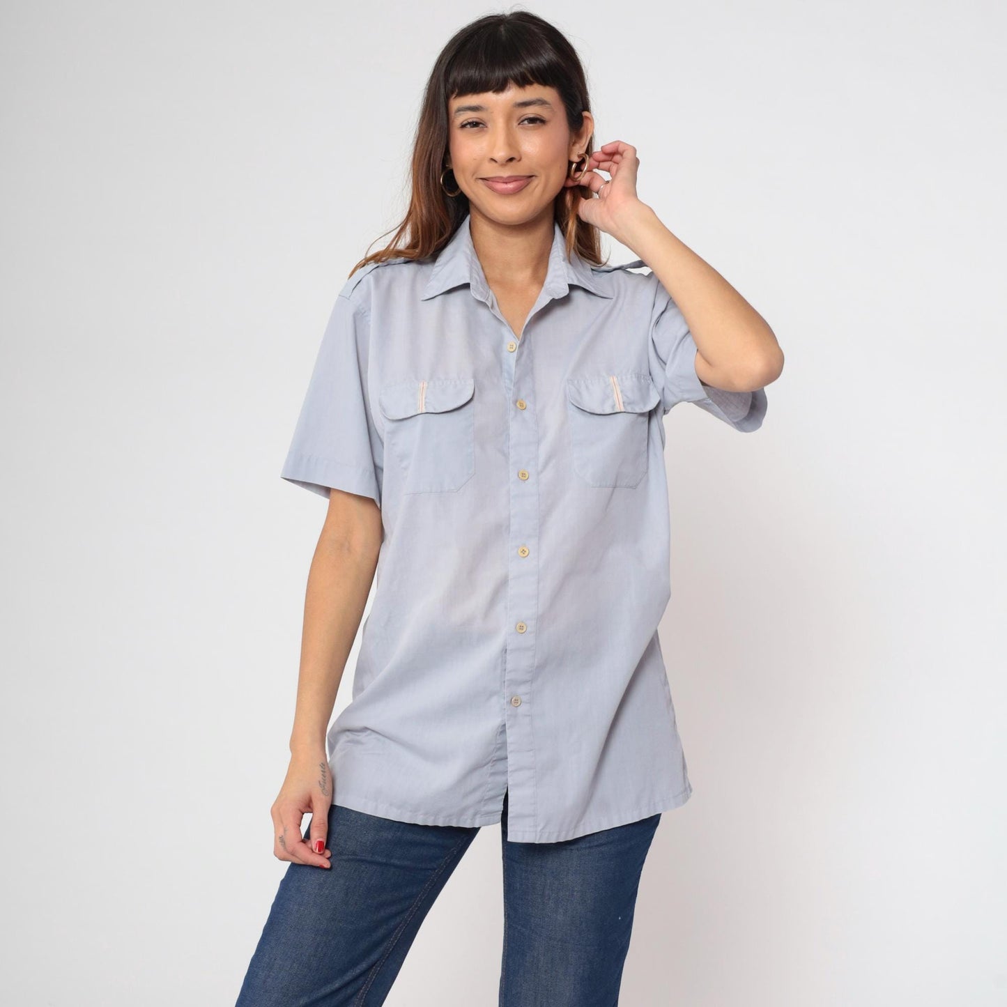 80s Claybrooke Grey-Blue Utility Shirt Button Up Chest Pocket Medium M