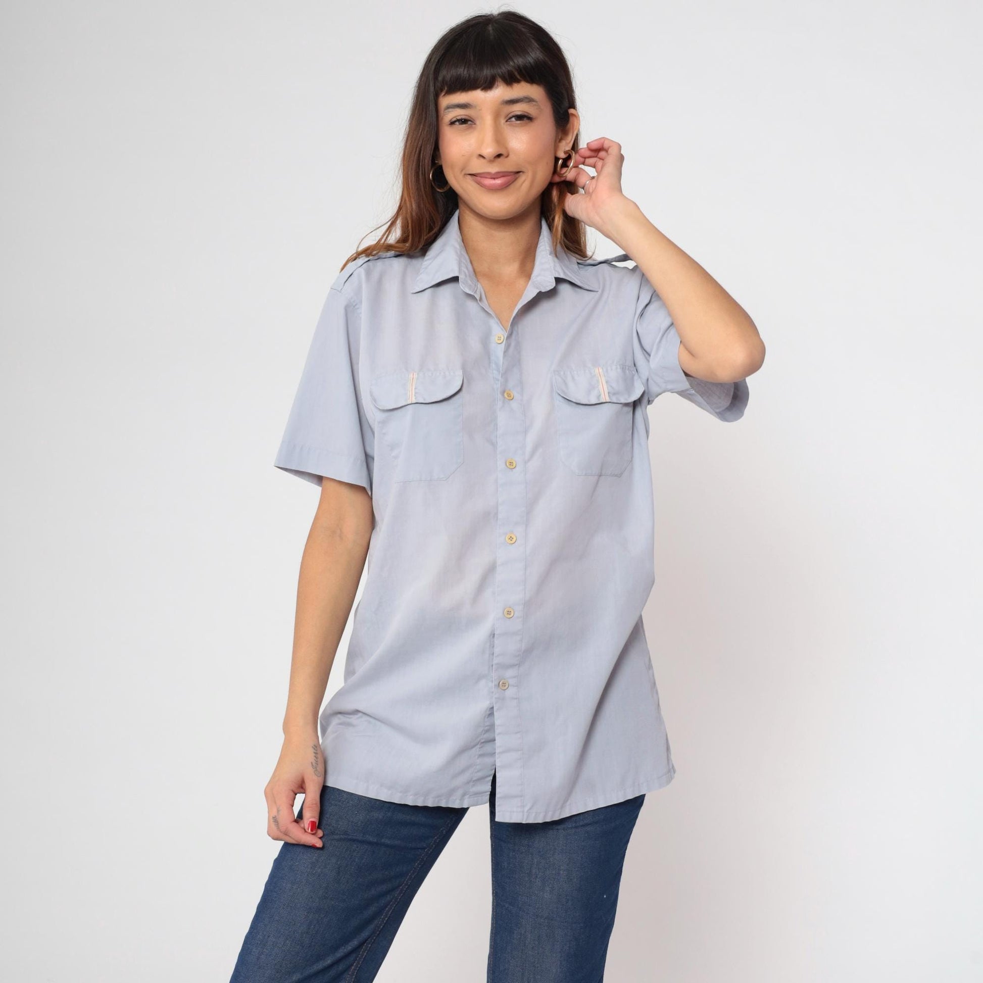 80s Claybrooke Grey-Blue Utility Shirt Button Up Chest Pocket Medium M