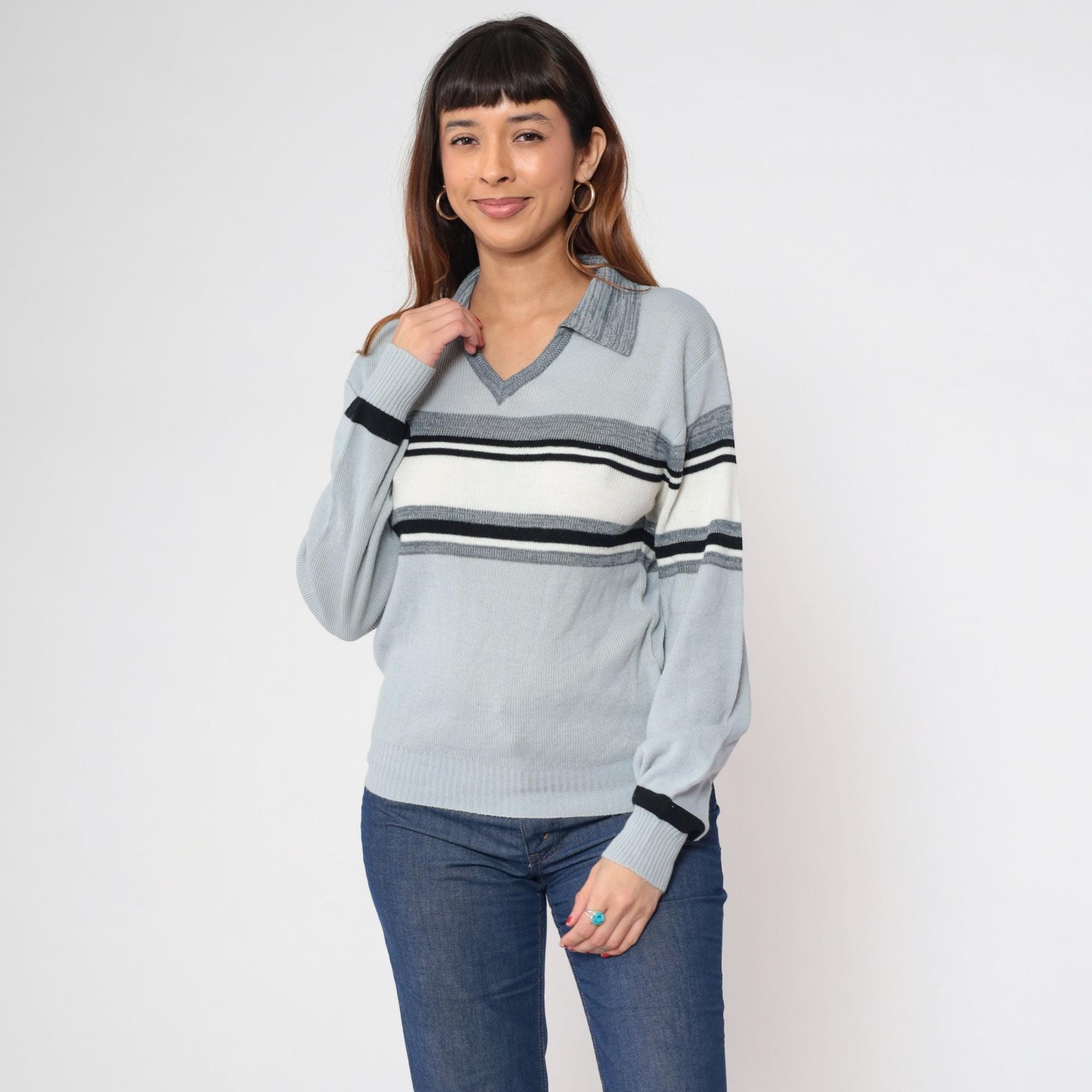 70s Blue Grey Striped Knit Sweater Collared V-Neck Small