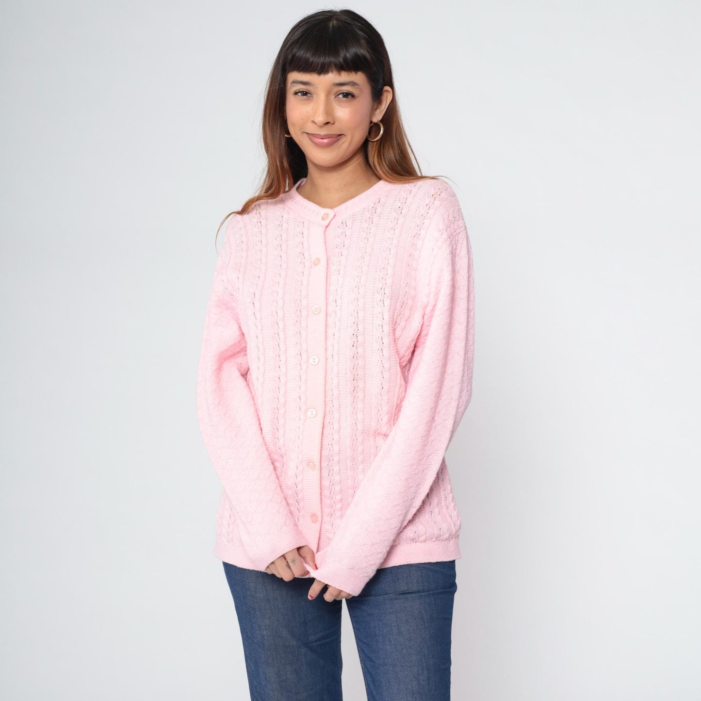 70s Baby Pink Pointelle Cardigan Button-Up Knit Sweater Medium