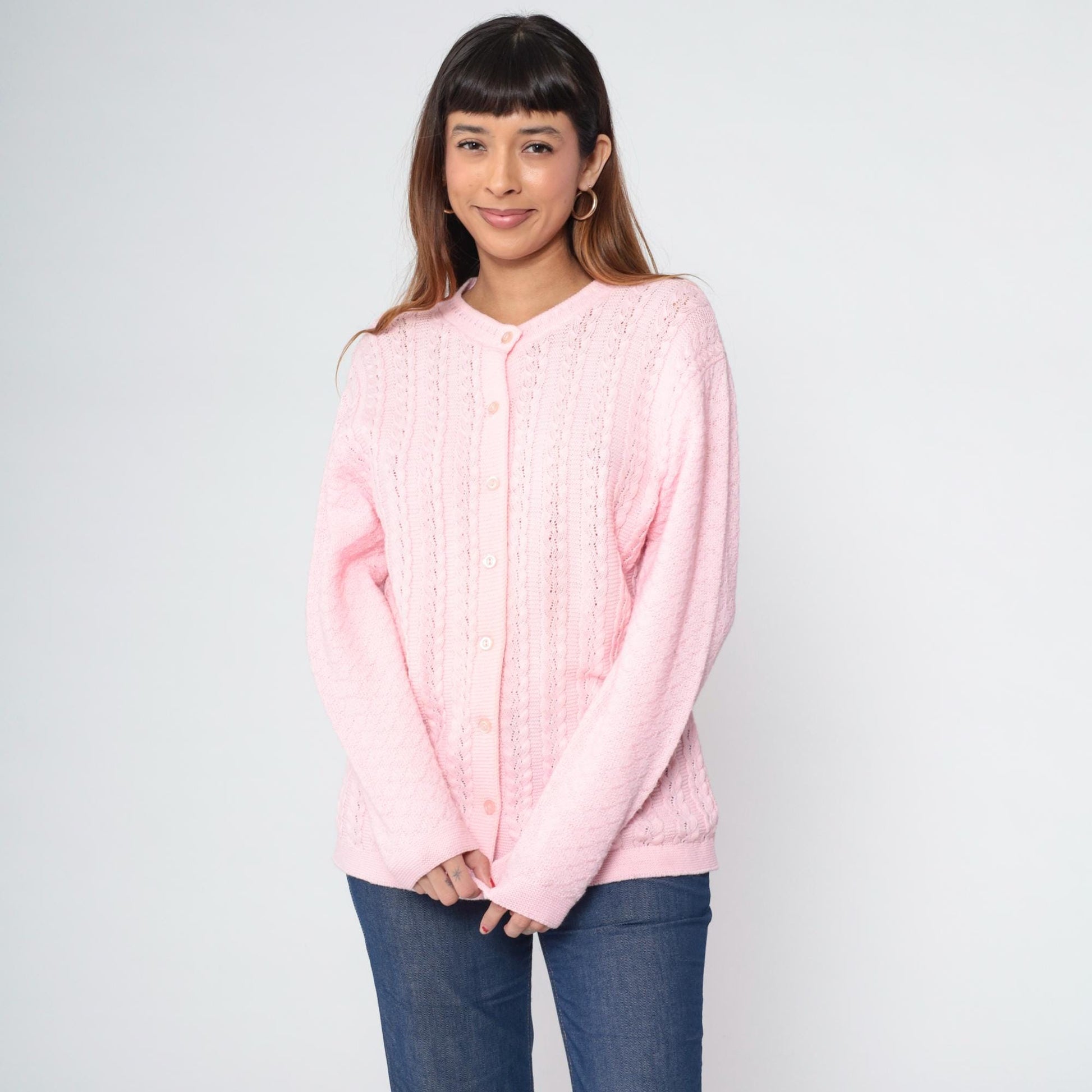 70s Baby Pink Pointelle Cardigan Button-Up Knit Sweater Medium