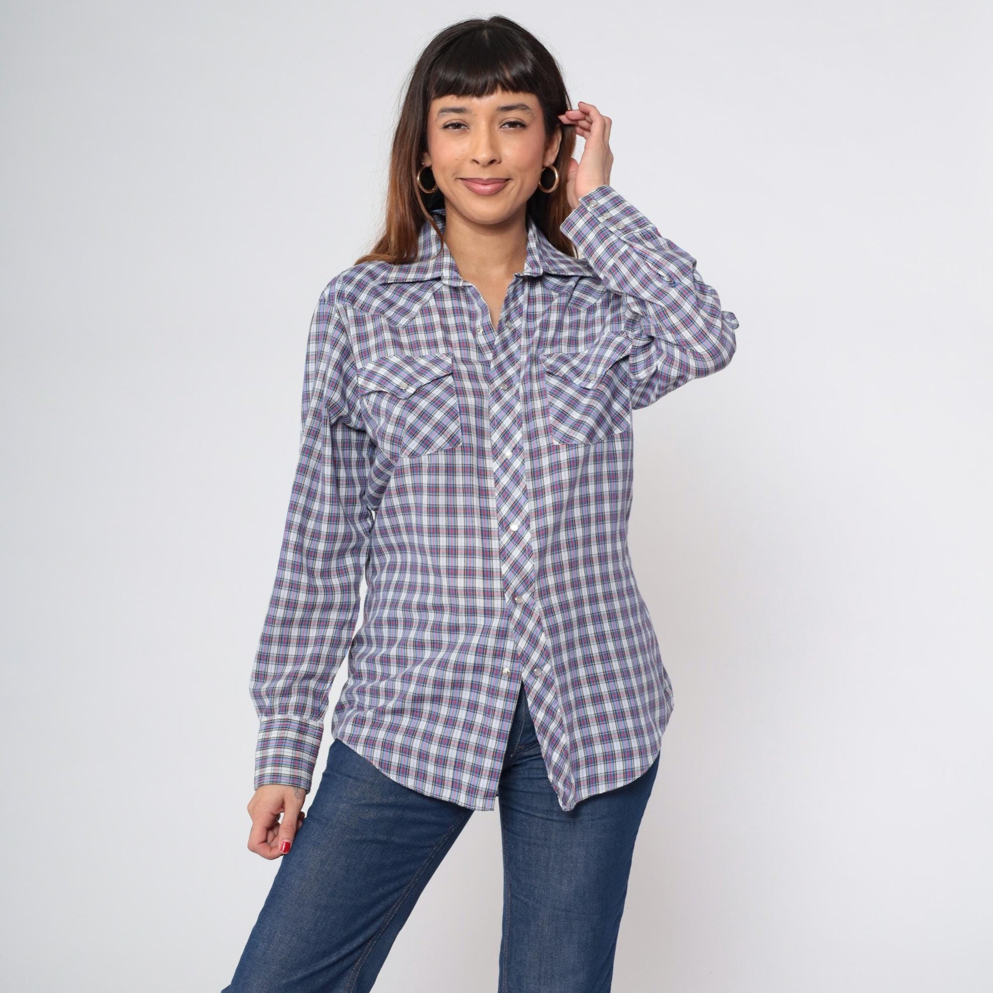 70s Sears Western Wear Plaid Pearl Snap Shirt Blue Red Checkered Men's Medium