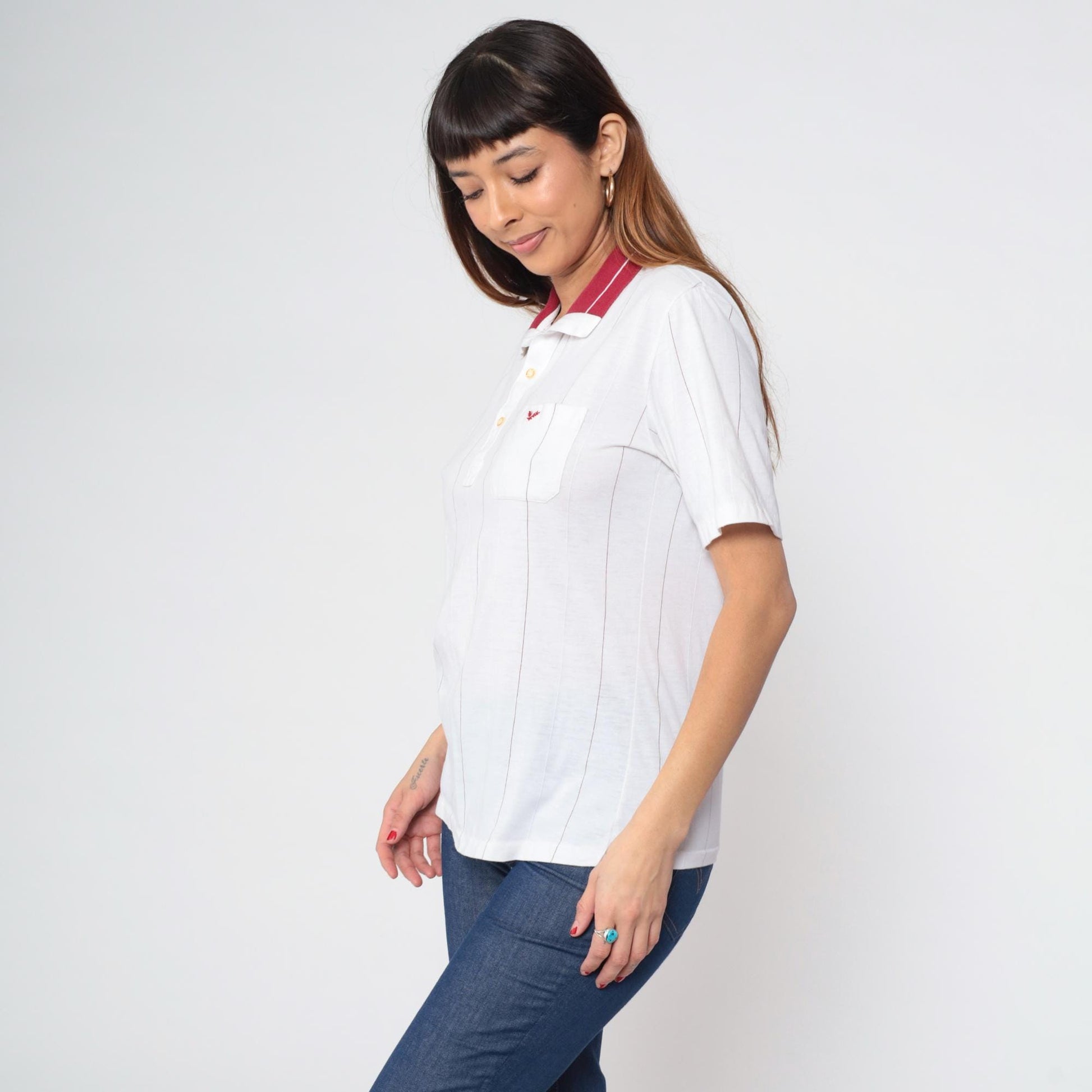 80s White Burgundy Striped Polo Shirt Embroidered Crest Quarter Button Medium