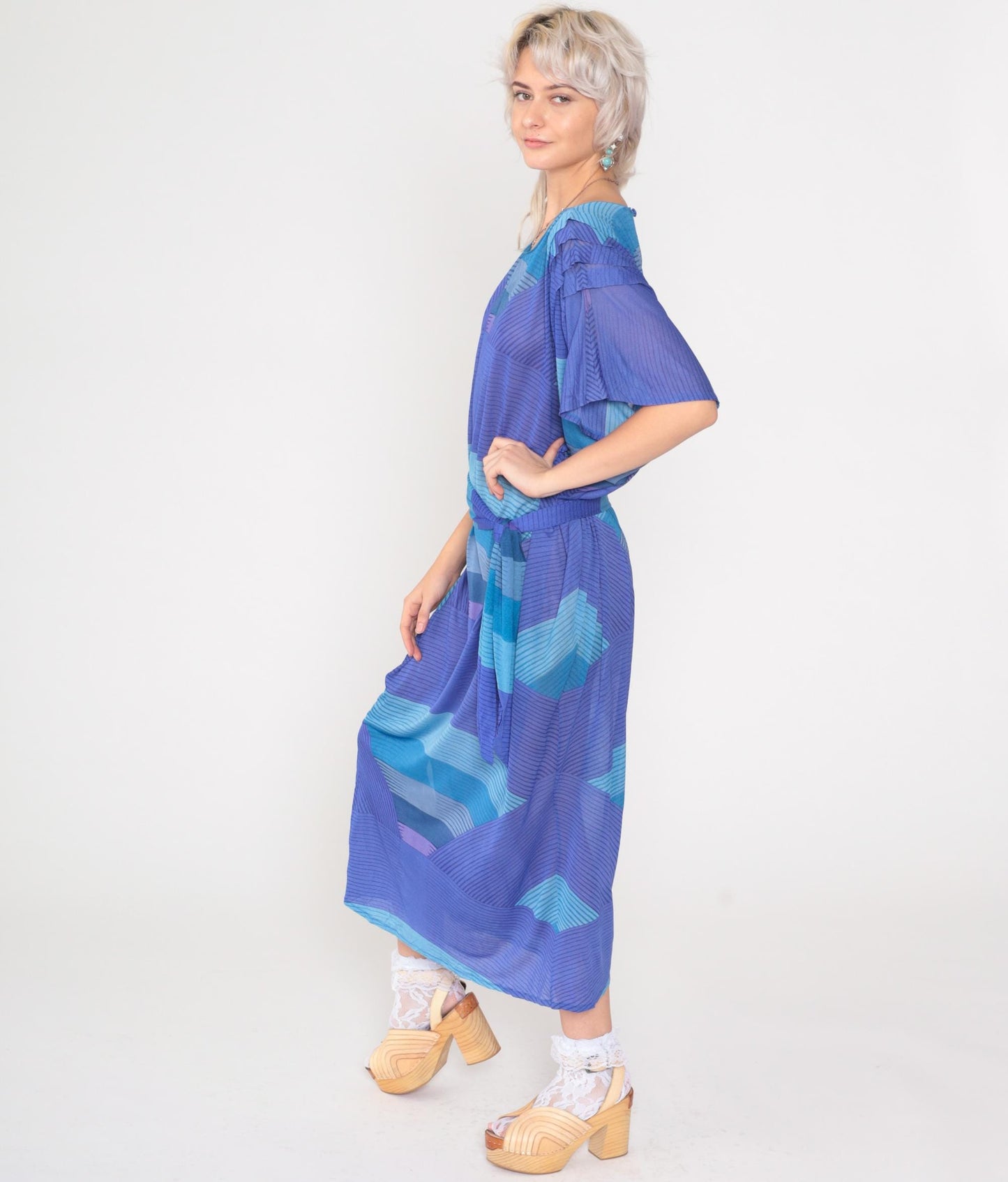 80s Abstract Striped Caftan Maxi Dress Purple Blue Dolman Sleeve Keyhole Extra Large