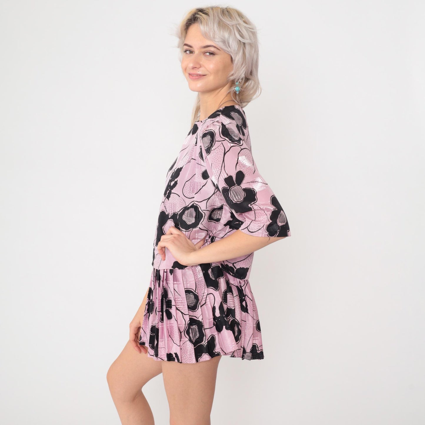 80s Pink Floral Micro Mini Dress Puff Sleeve Drop Waist Petite Small