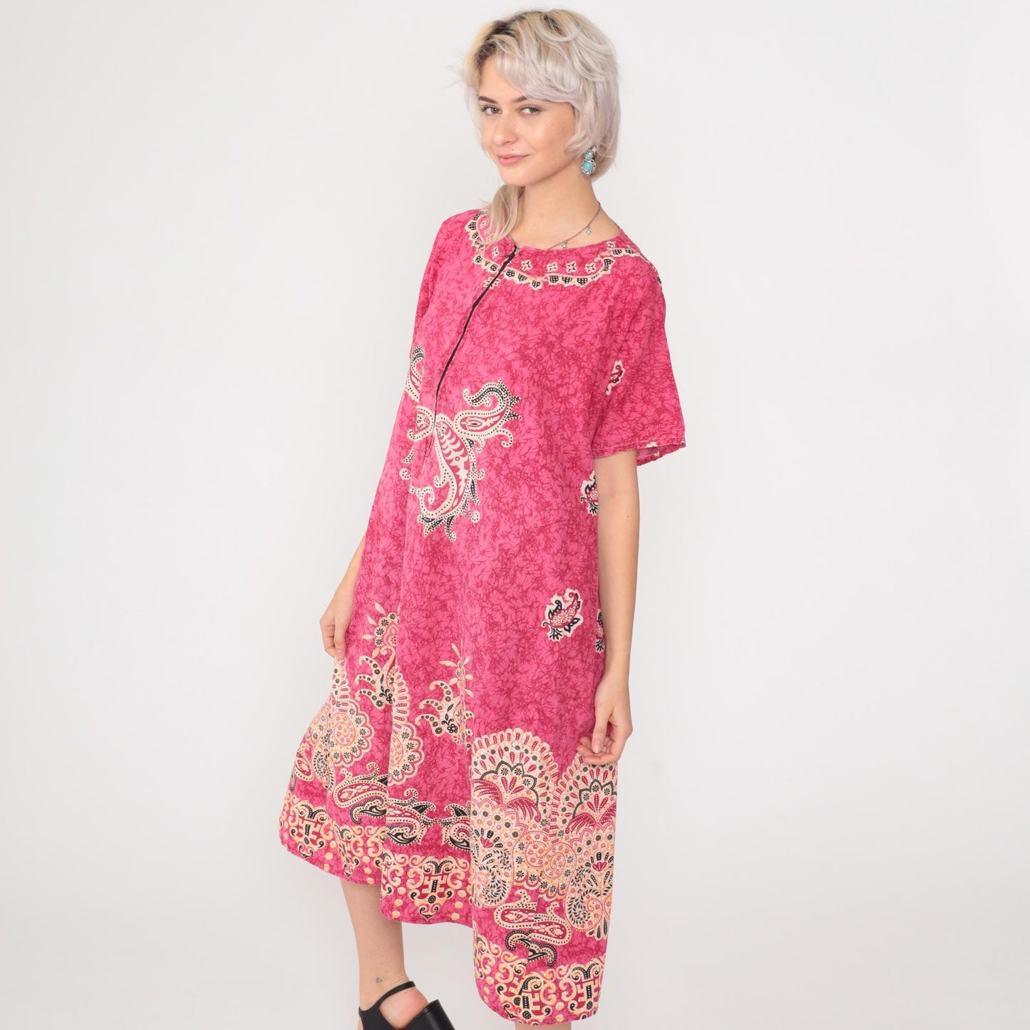 90s Pink Batik Paisley Midi Dress Front Zipper Shift Short Sleeve Large L