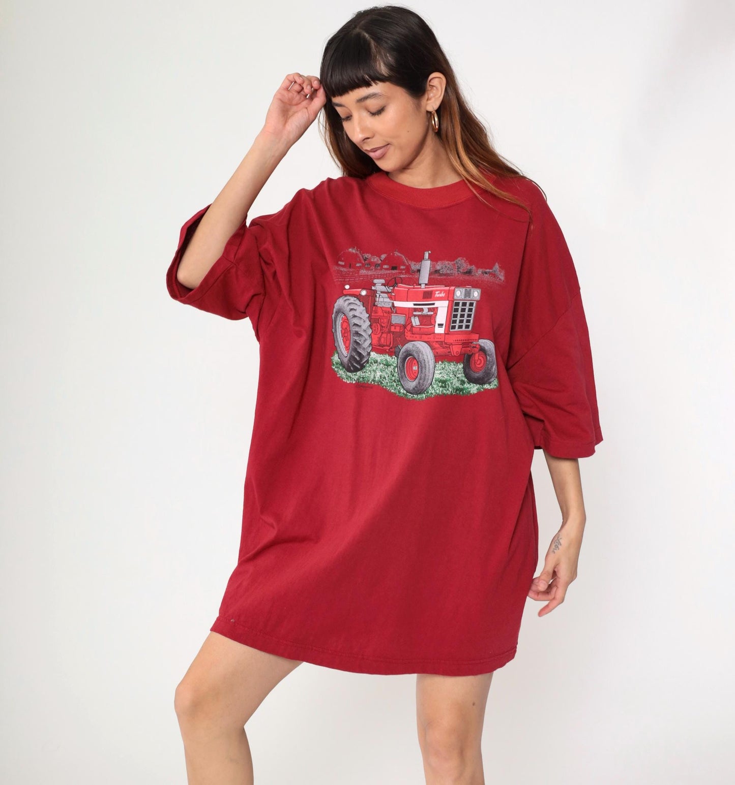 90s Red Tractor Farm Graphic T-Shirt Dress Cotton Crewneck Plus Size XXL
