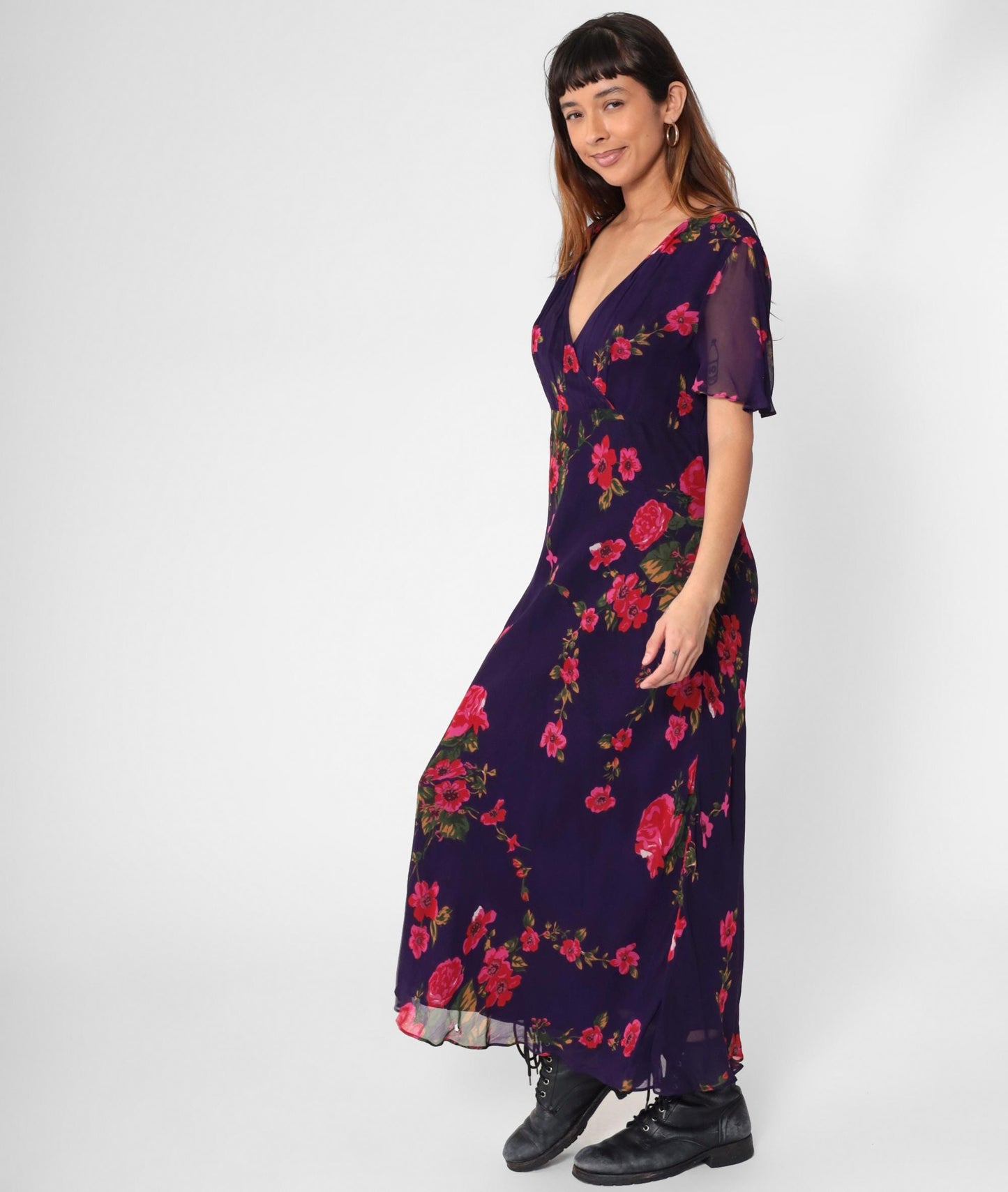 Y2K Purple Floral Chiffon Maxi Dress Flutter Sleeve High Waist V Neck Large L
