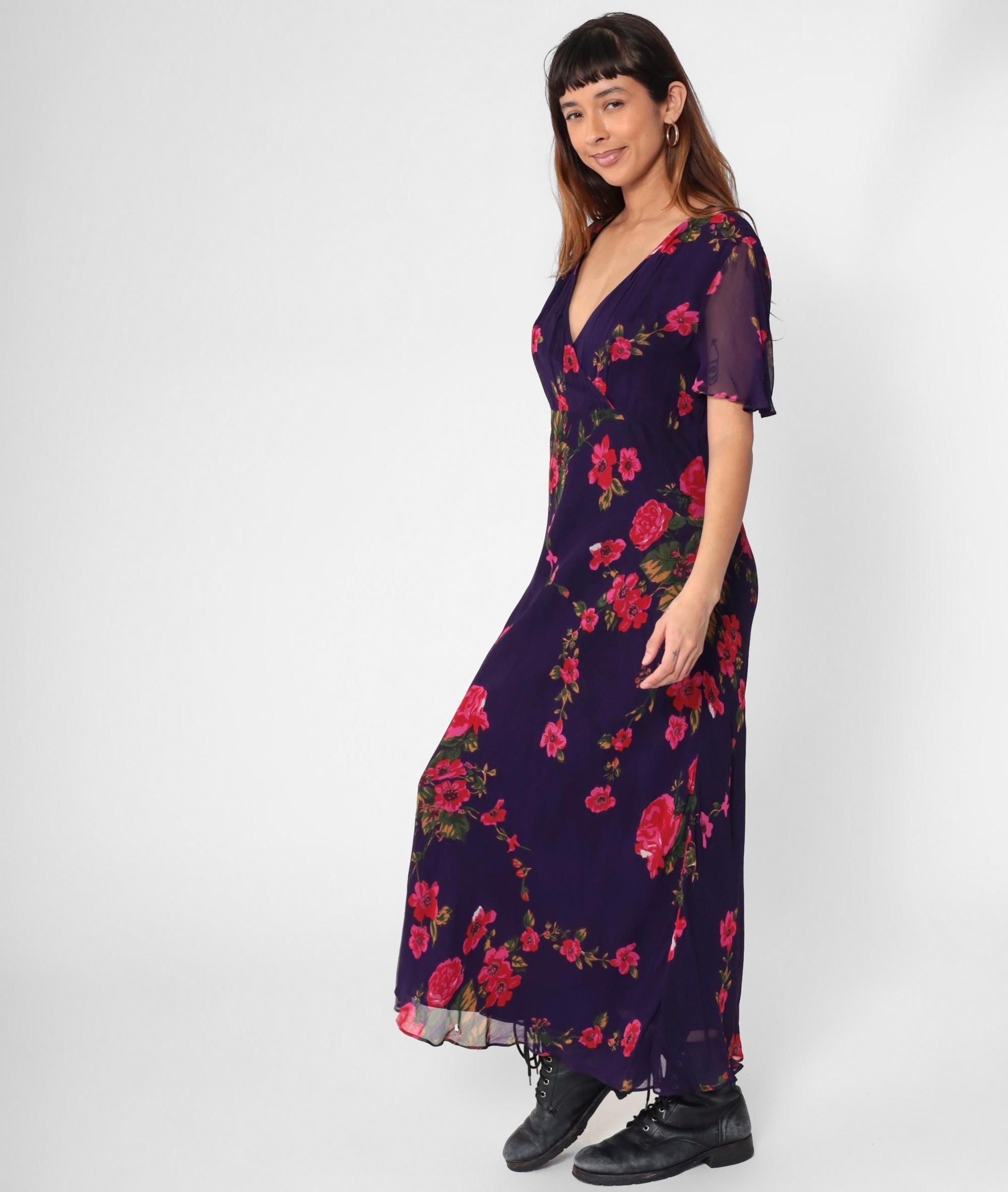 Y2K Purple Floral Chiffon Maxi Dress Flutter Sleeve High Waist V Neck Large L