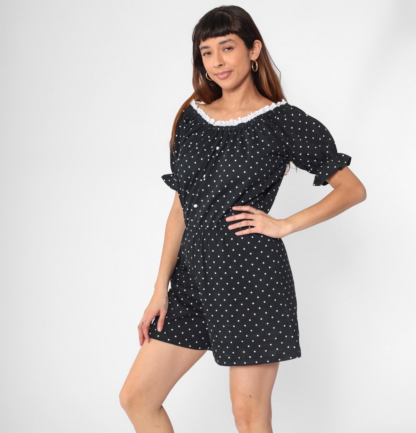 80s Black White Polka Dot Romper Eyelet Lace Puff Sleeve Playsuit Small