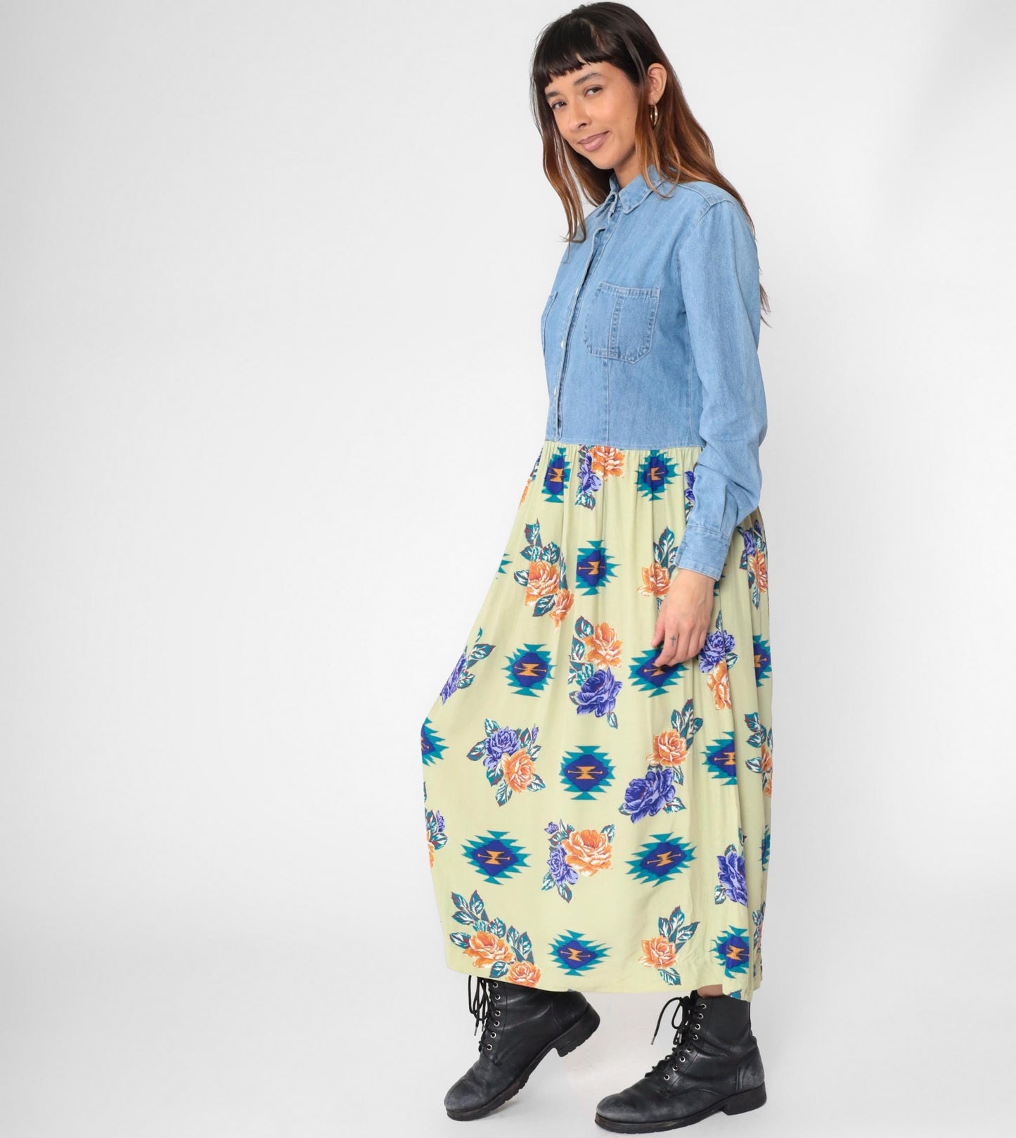90s Floral Denim Maxi Dress Blue Chambray Southwest Button-Up Small