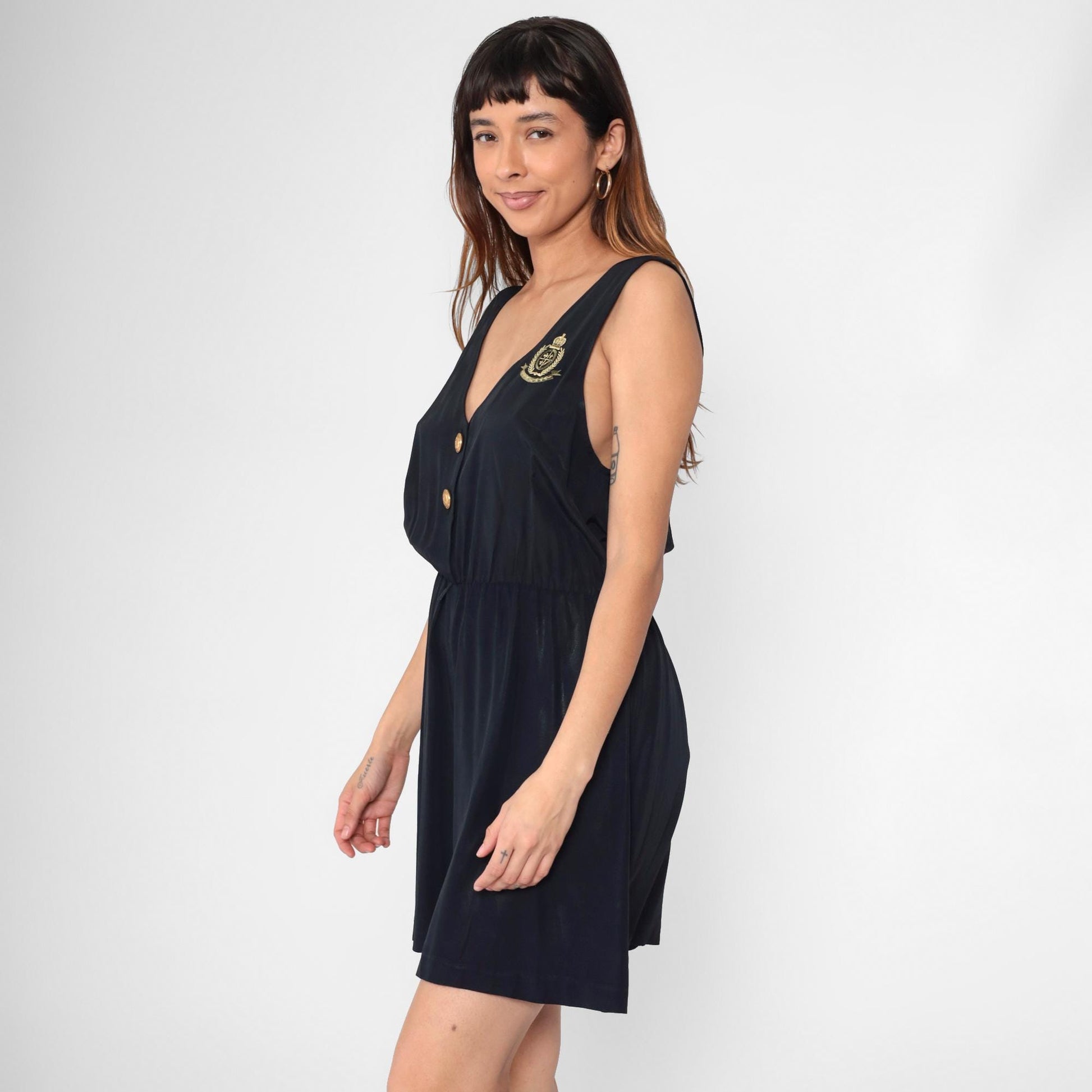 90s Nautical Crest Black Sleeveless Romper Gold Embroidered Deep V Small Medium