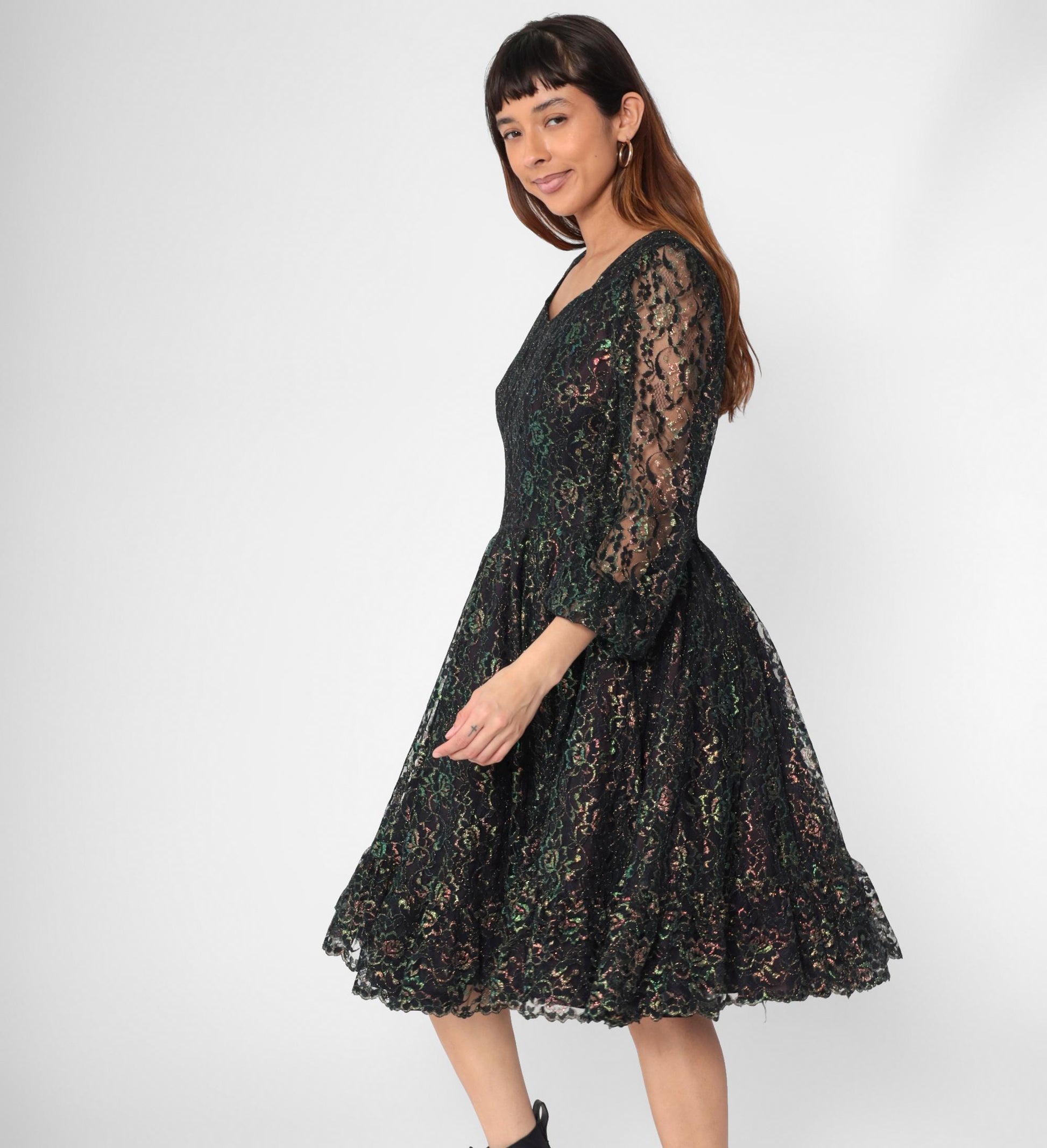 1960s Black Iridescent Lace Dress Sheer Sleeves High Waist Knee Length Medium M