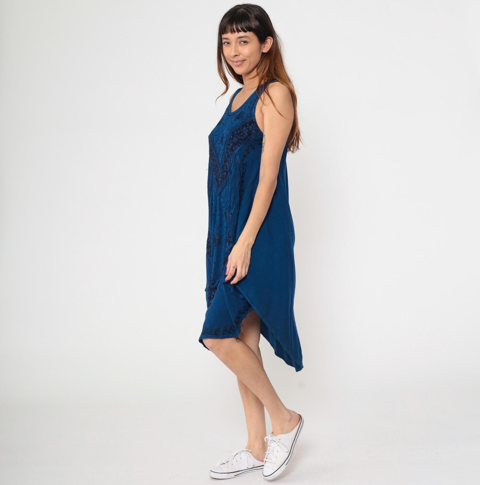 Y2K Dark Blue Embroidered Sundress Asymmetrical Hem Trapeze Cut Medium M
