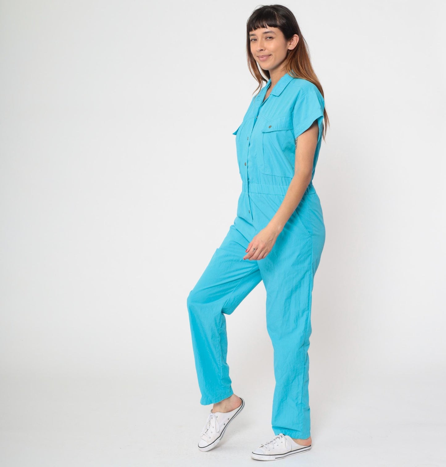 80s Turquoise Jumpsuit Snap Button High Waist Tapered Leg Small S