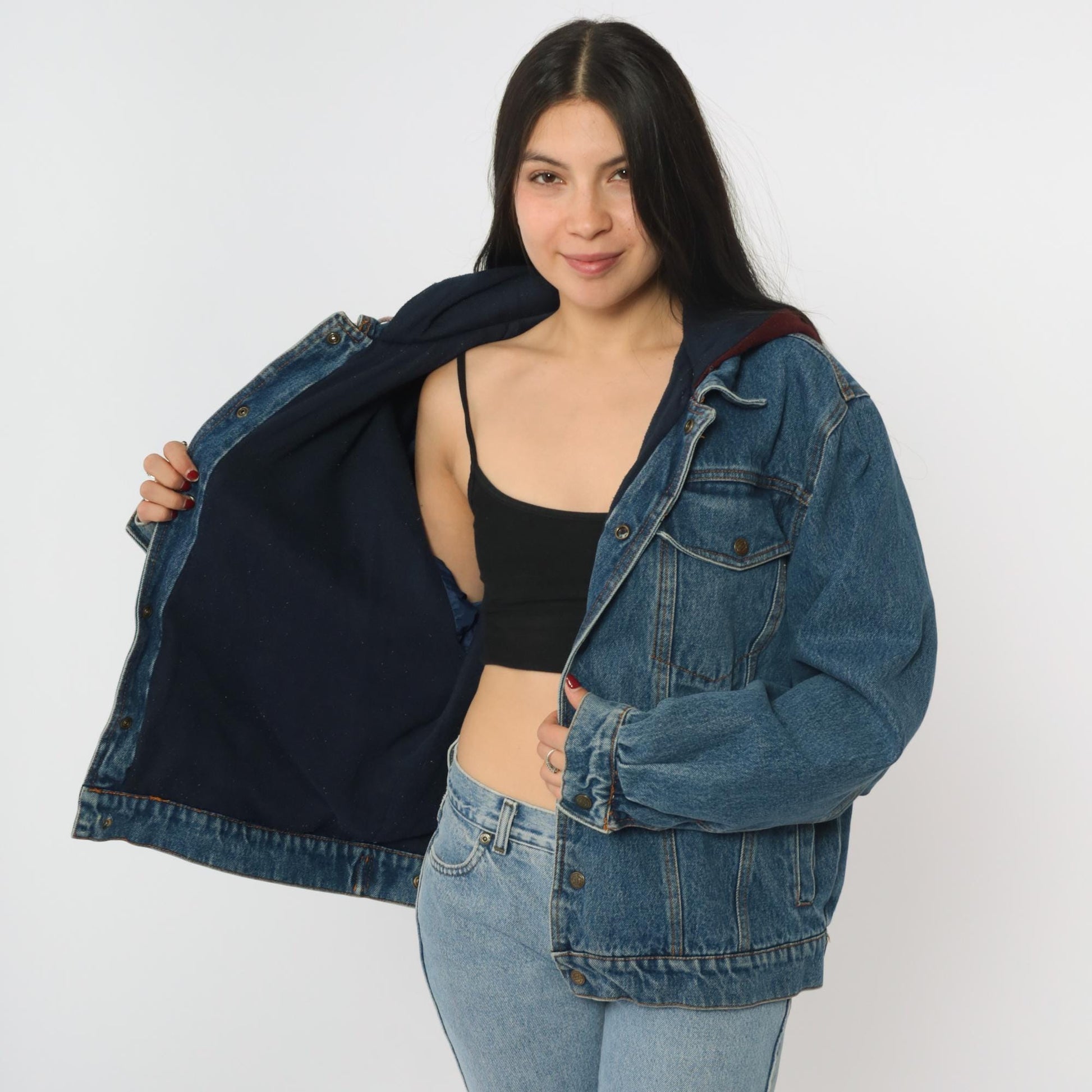90s Eagles Ridge Outfitters Hooded Denim Jacket Blue Burgundy Medium